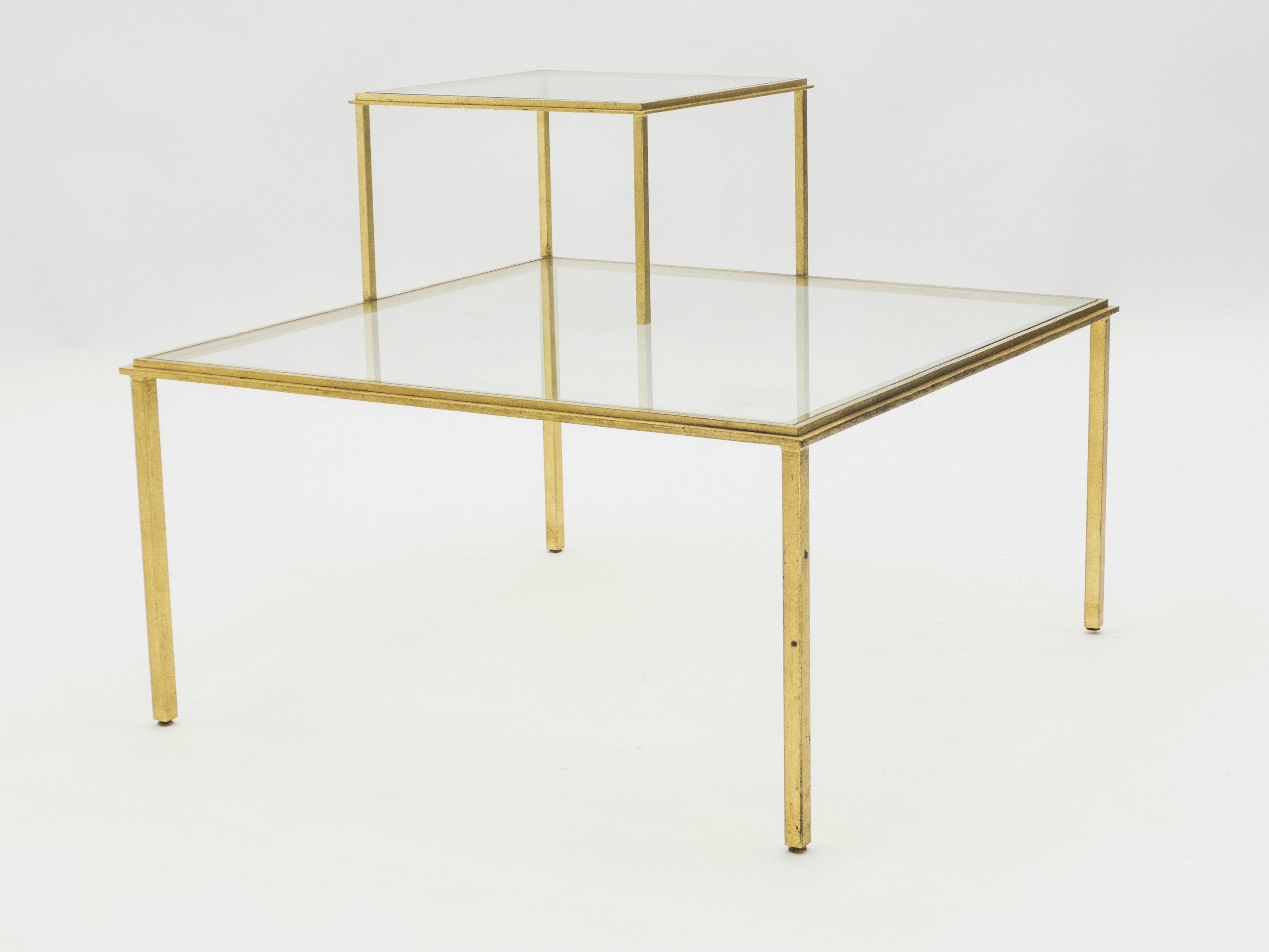 Roger Thibier gilt wrought iron glass coffee end table 1960s