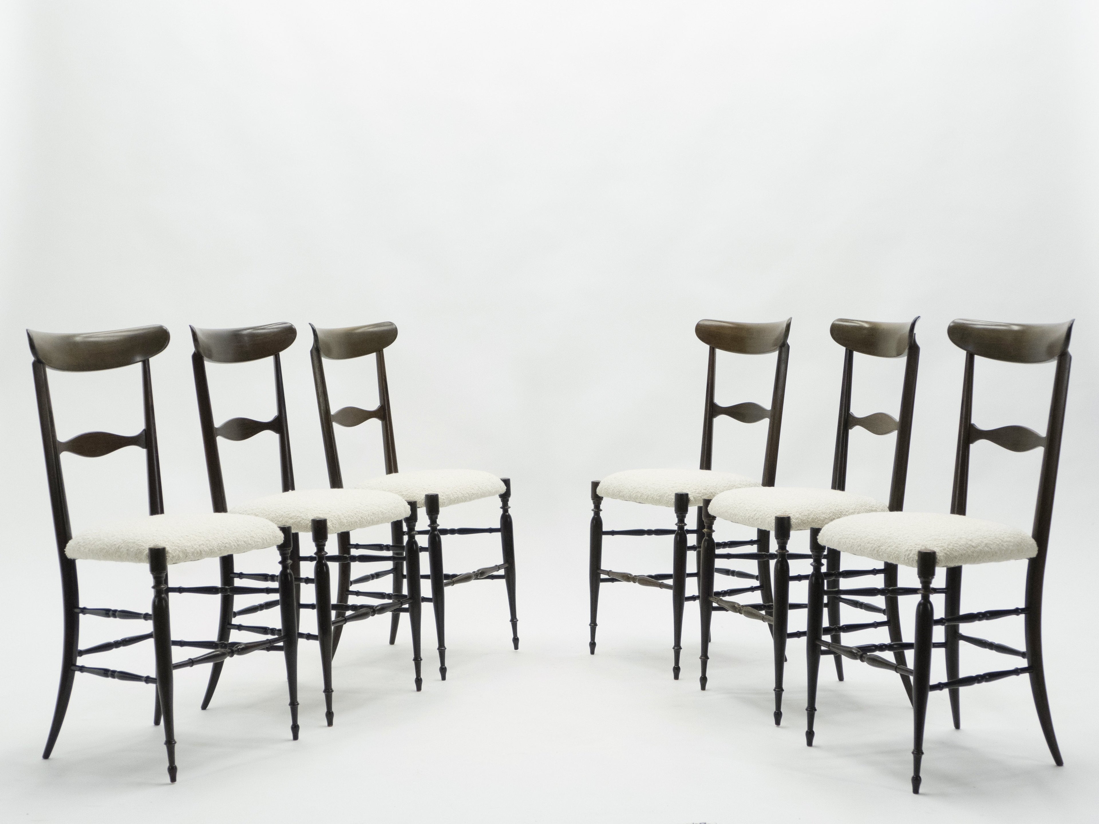 Rare set of six Campanino Chiavari walnut chairs by Fratelli Levaggi 1950