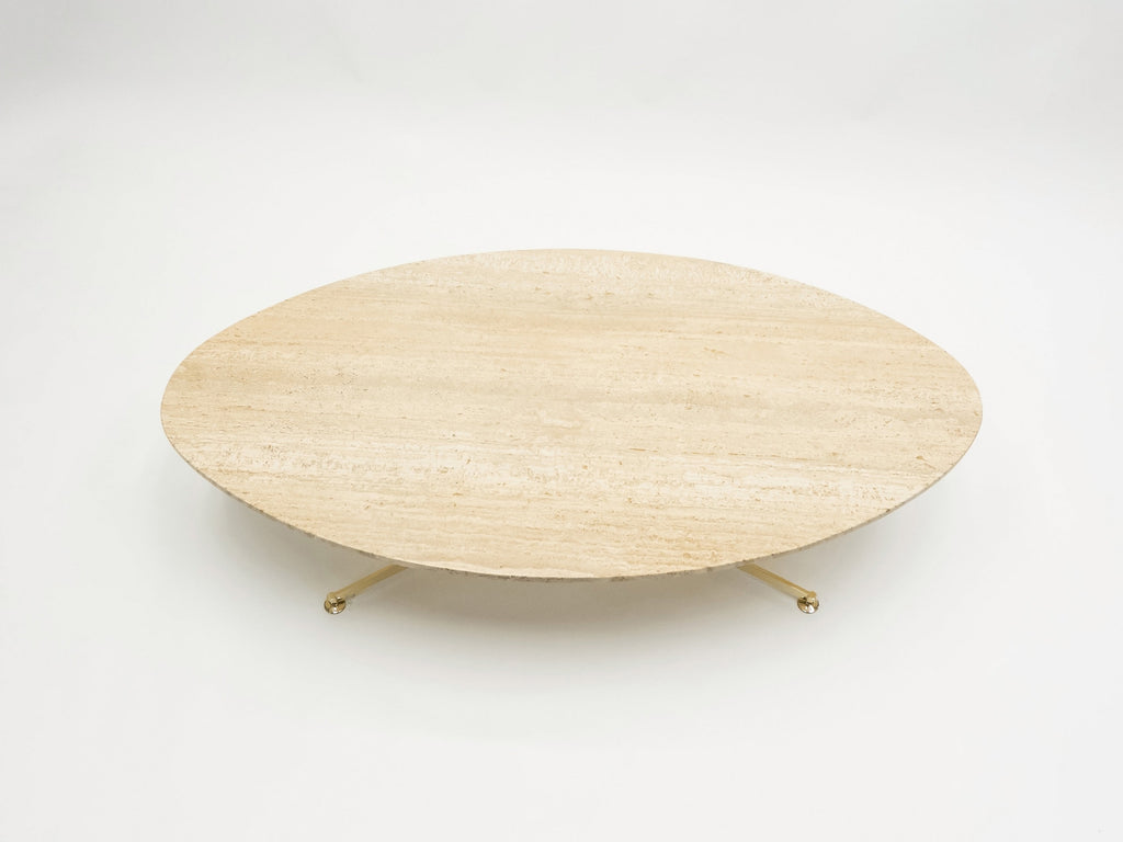 First Arflex Edition by Michel Kin Elliptical travertine brass Coffee Table 1960