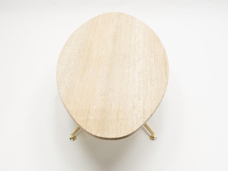 First Arflex Edition by Michel Kin Elliptical travertine brass Coffee Table 1960