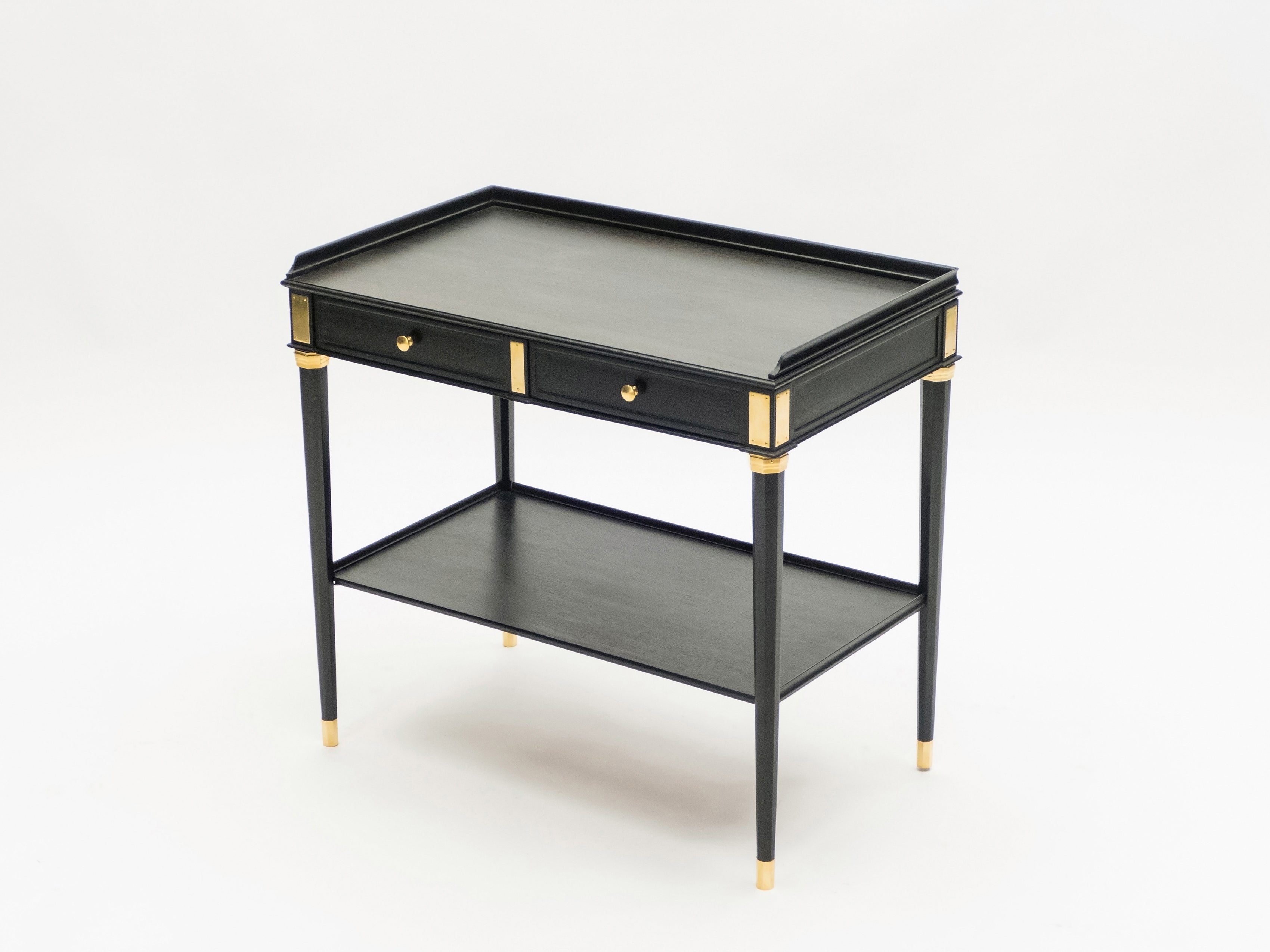 Rare Pair of stamped Maison Jansen black wood brass end tables 1950s