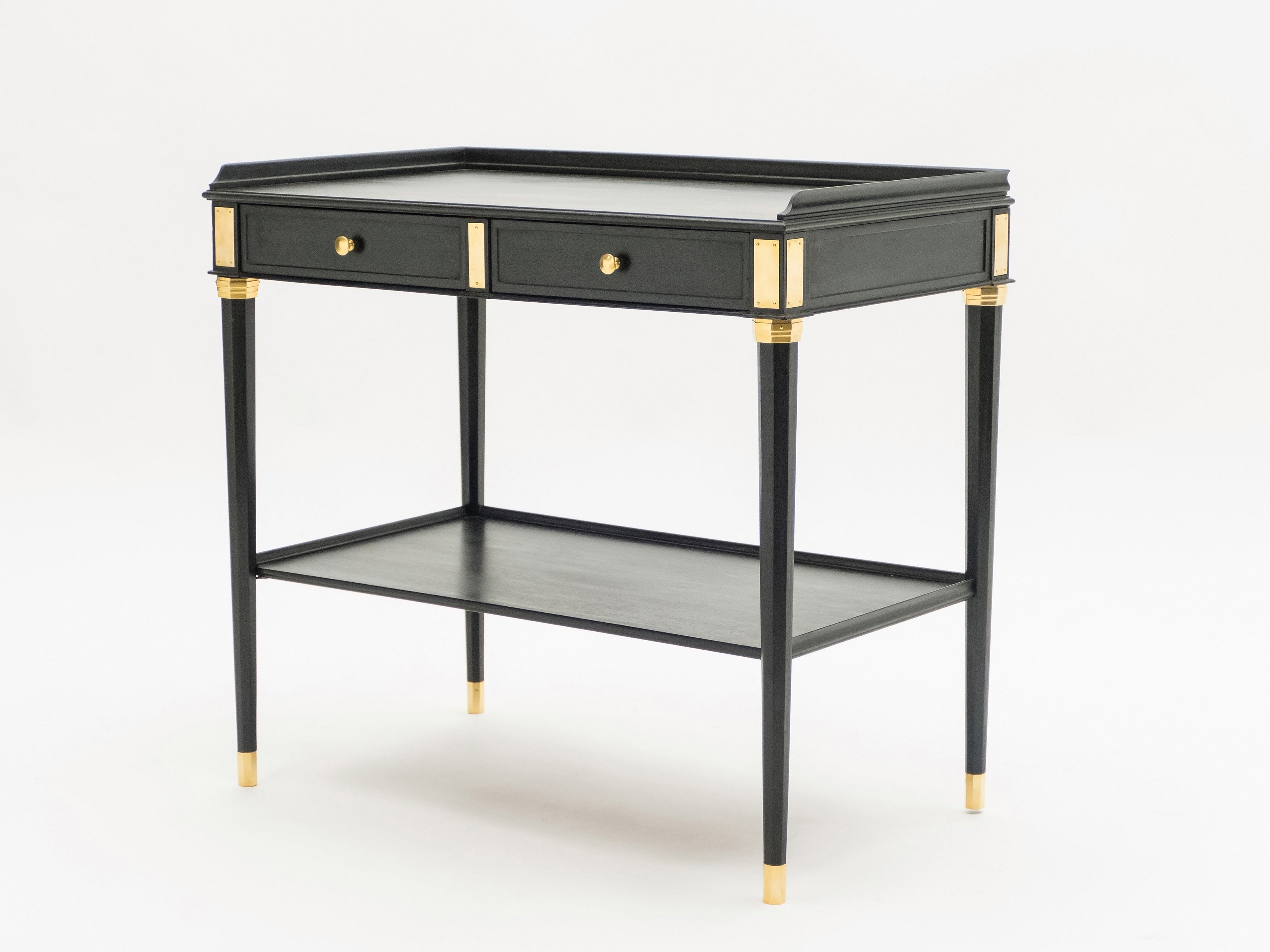 Rare Pair of stamped Maison Jansen black wood brass end tables 1950s