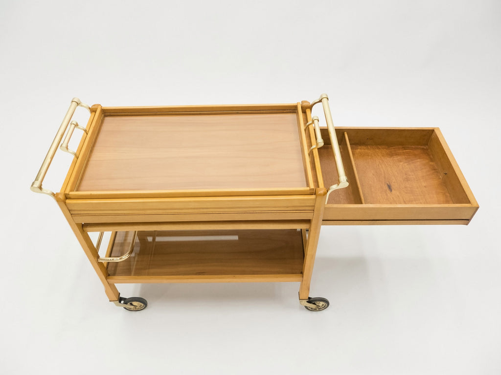 Rare Jacques Adnet art deco beechwood brass bar cart trolley 1940s