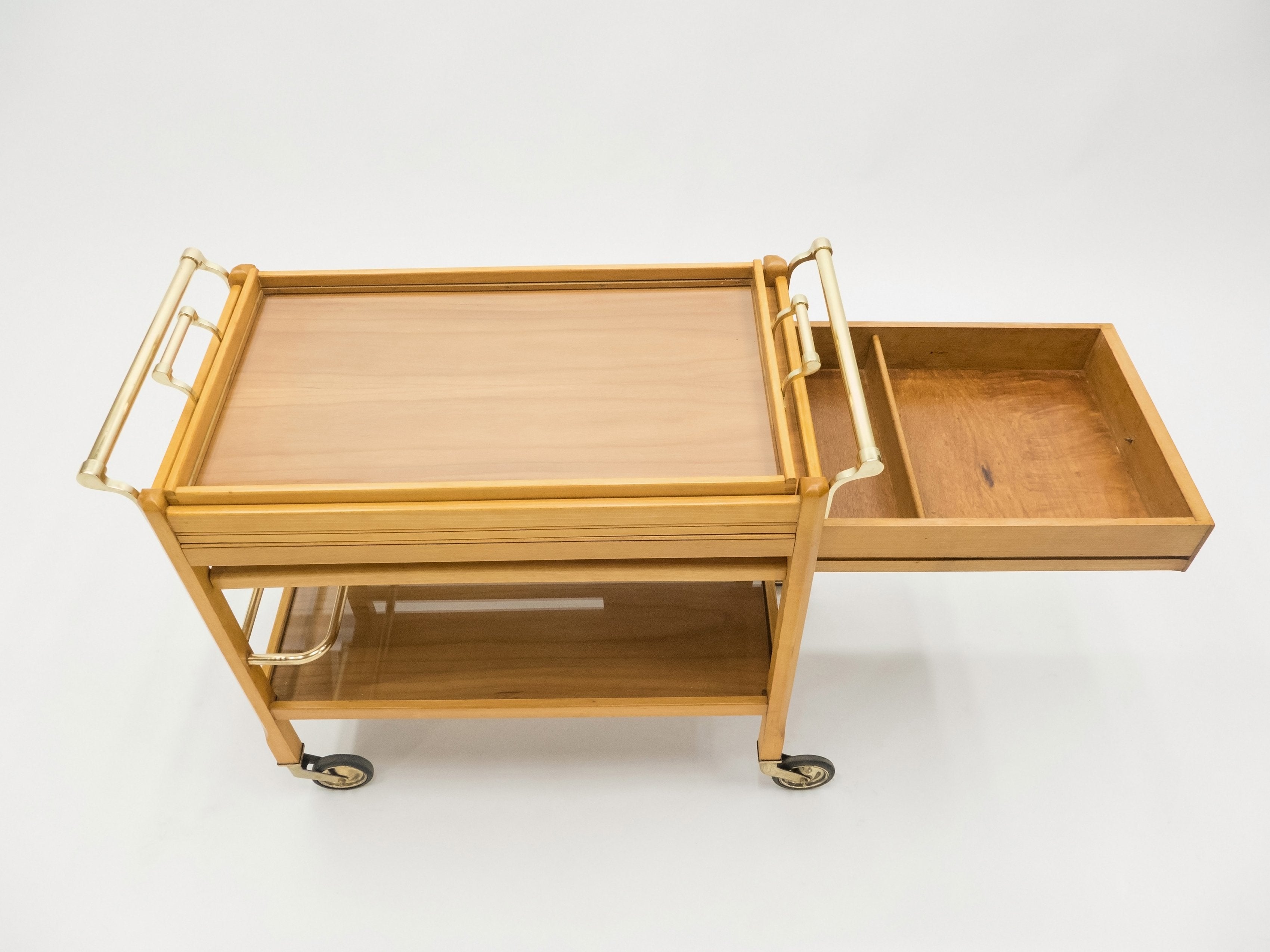 Rare Jacques Adnet art deco beechwood brass bar cart trolley 1940s