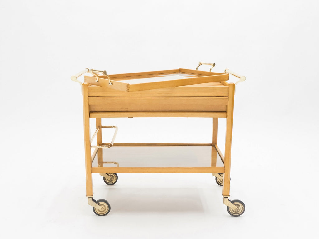 Rare Jacques Adnet art deco beechwood brass bar cart trolley 1940s