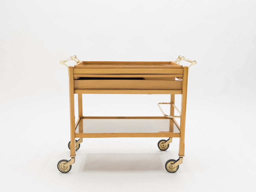 Rare Jacques Adnet art deco beechwood brass bar cart trolley 1940s