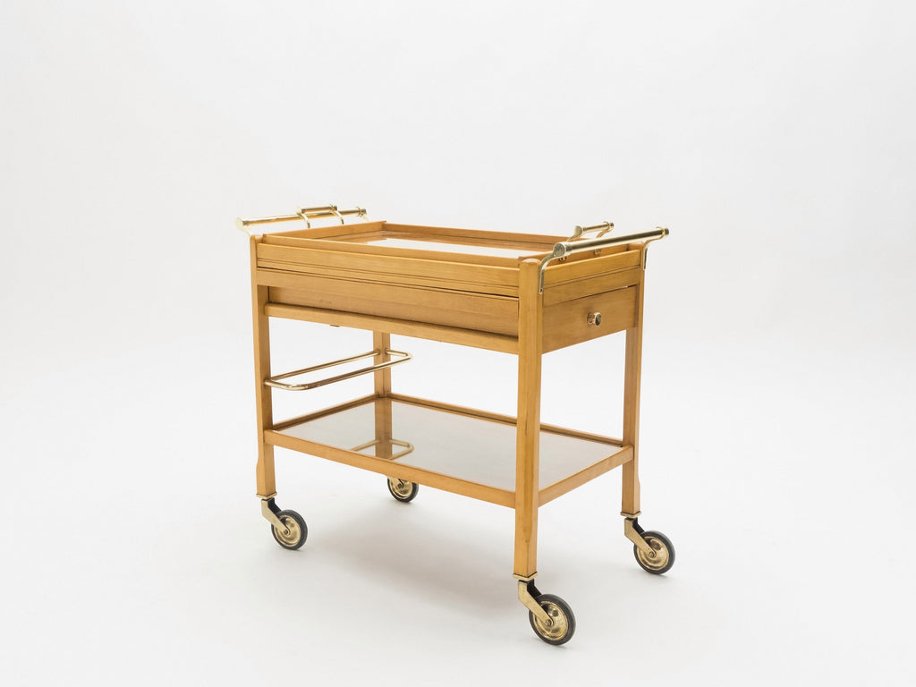 Rare Jacques Adnet art deco beechwood brass bar cart trolley 1940s