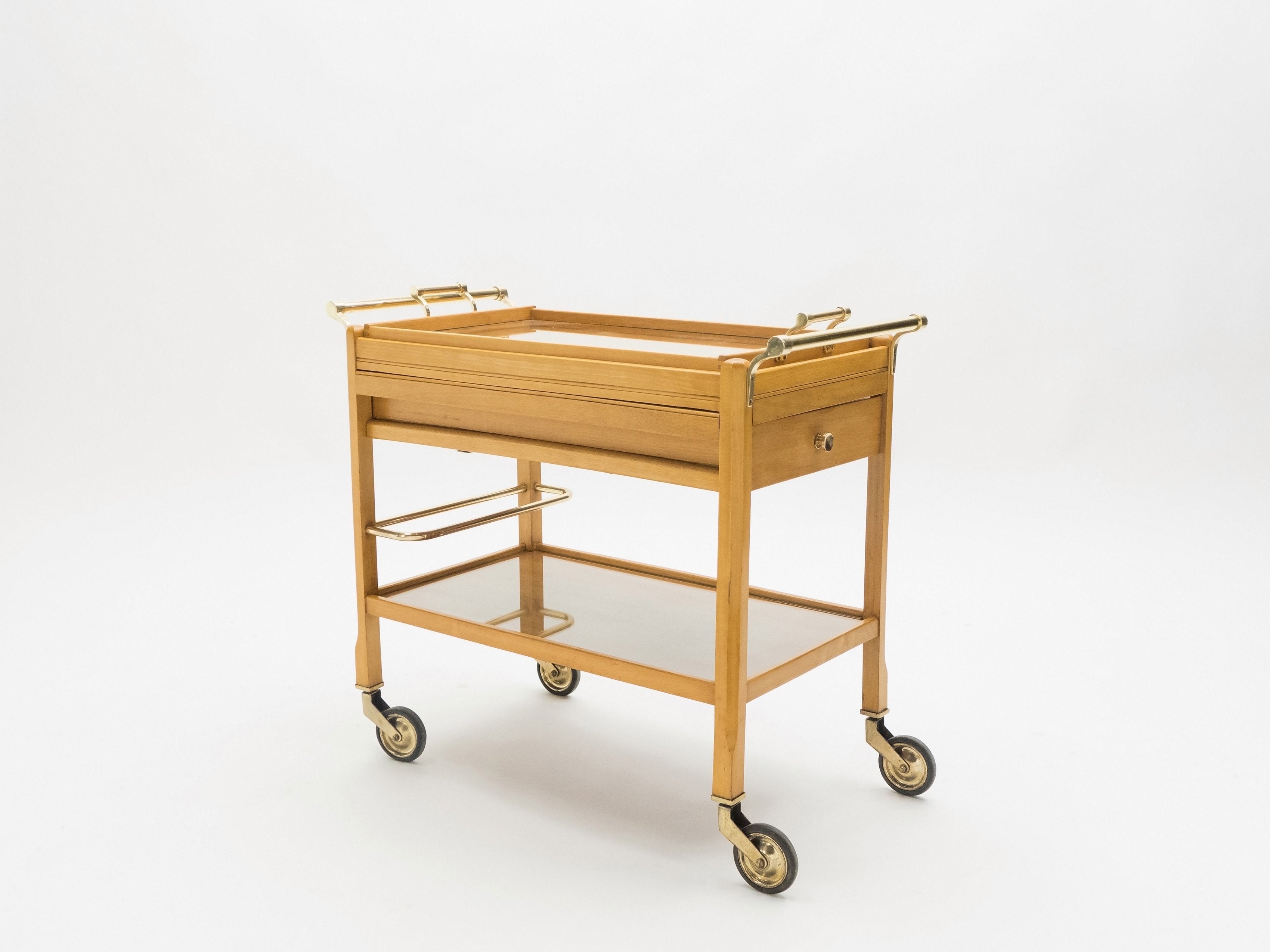 Rare Jacques Adnet art deco beechwood brass bar cart trolley 1940s