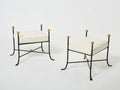Pair of French 1950s wrought iron and gold leaf bouclé stools