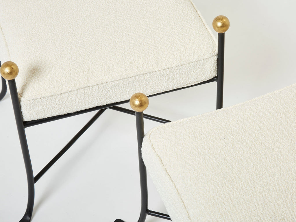 Pair of French 1950s wrought iron and gold leaf bouclé stools