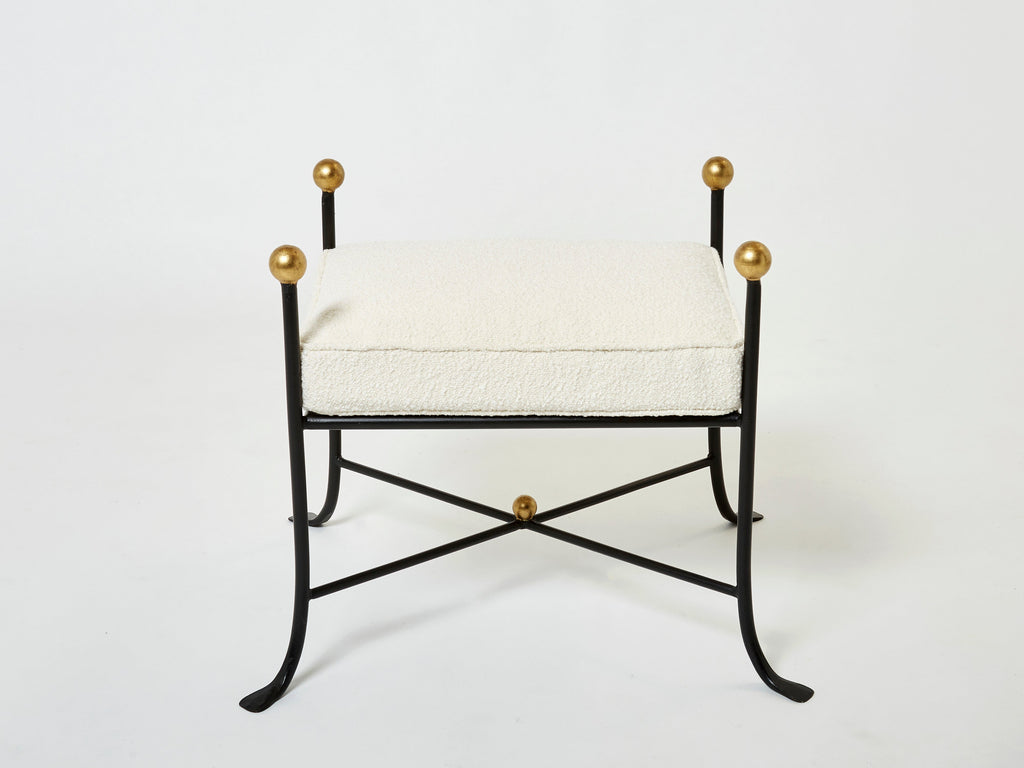 Pair of French 1950s wrought iron and gold leaf bouclé stools