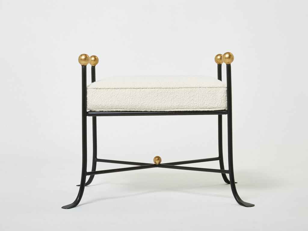 Pair of French 1950s wrought iron and gold leaf bouclé stools