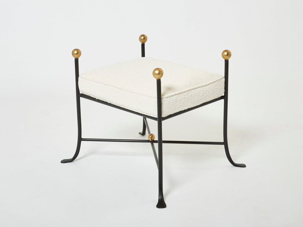 Pair of French 1950s wrought iron and gold leaf bouclé stools