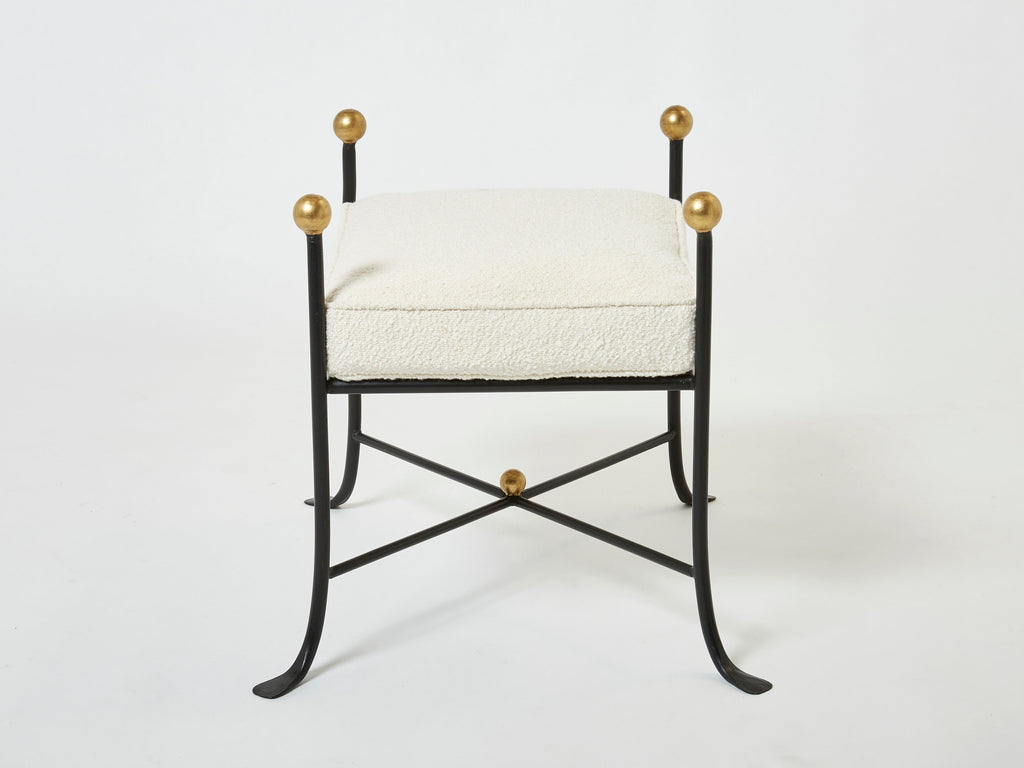 Pair of French 1950s wrought iron and gold leaf bouclé stools