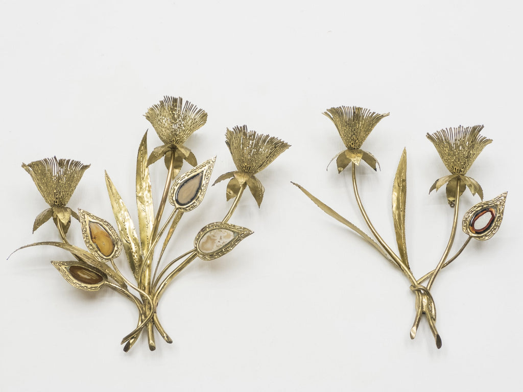 Large pair of signed J. Duval Brasseur foliated brass and agate wall-lights 1970s