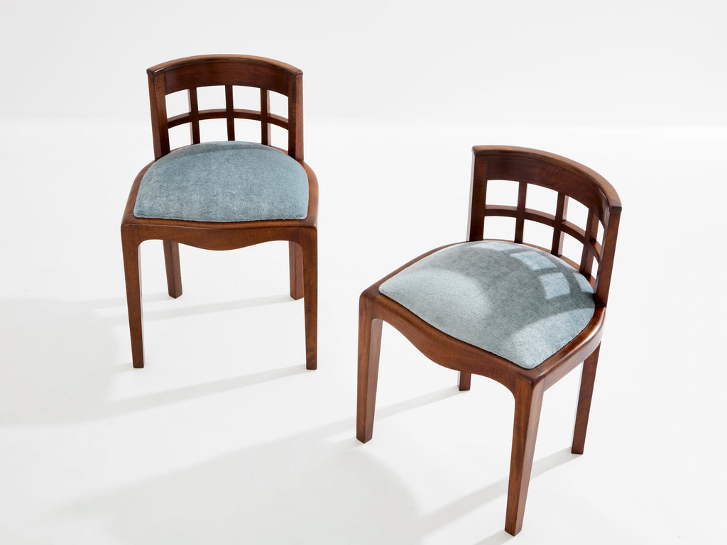 Paul T. Frankl pair of side chairs curly walnut mohair velvet 1933