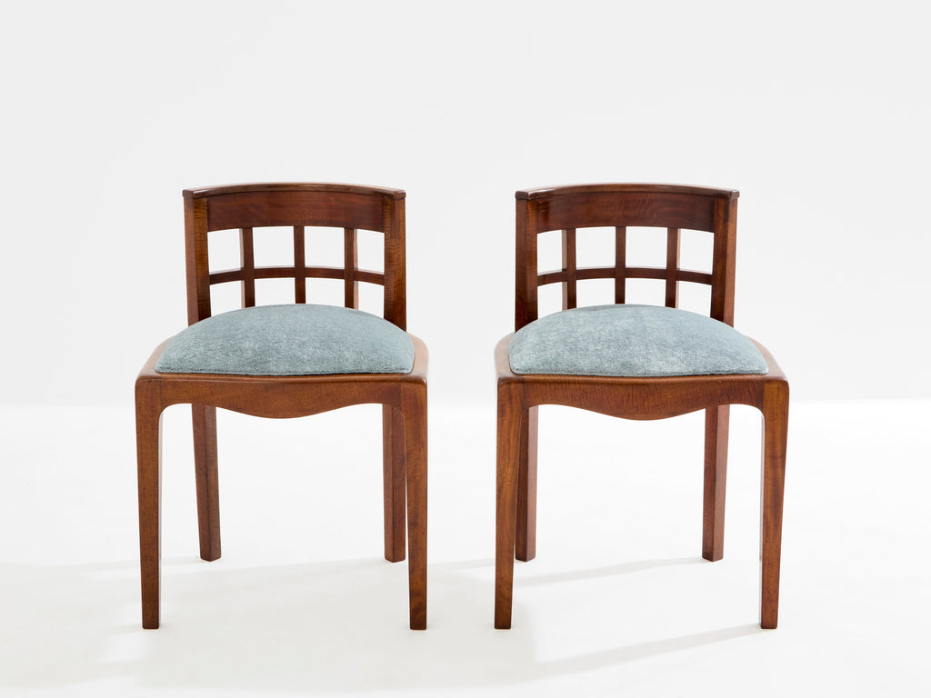Paul T. Frankl pair of side chairs curly walnut mohair velvet 1933