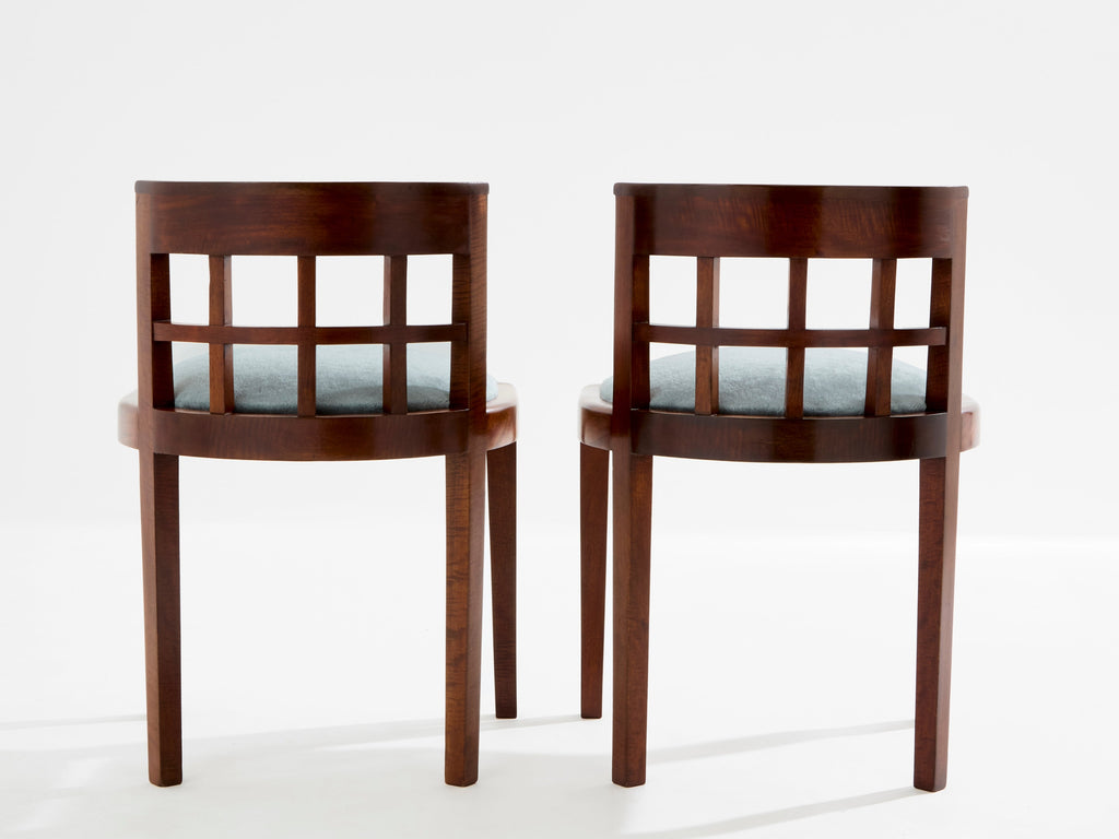 Paul T. Frankl pair of side chairs curly walnut mohair velvet 1933