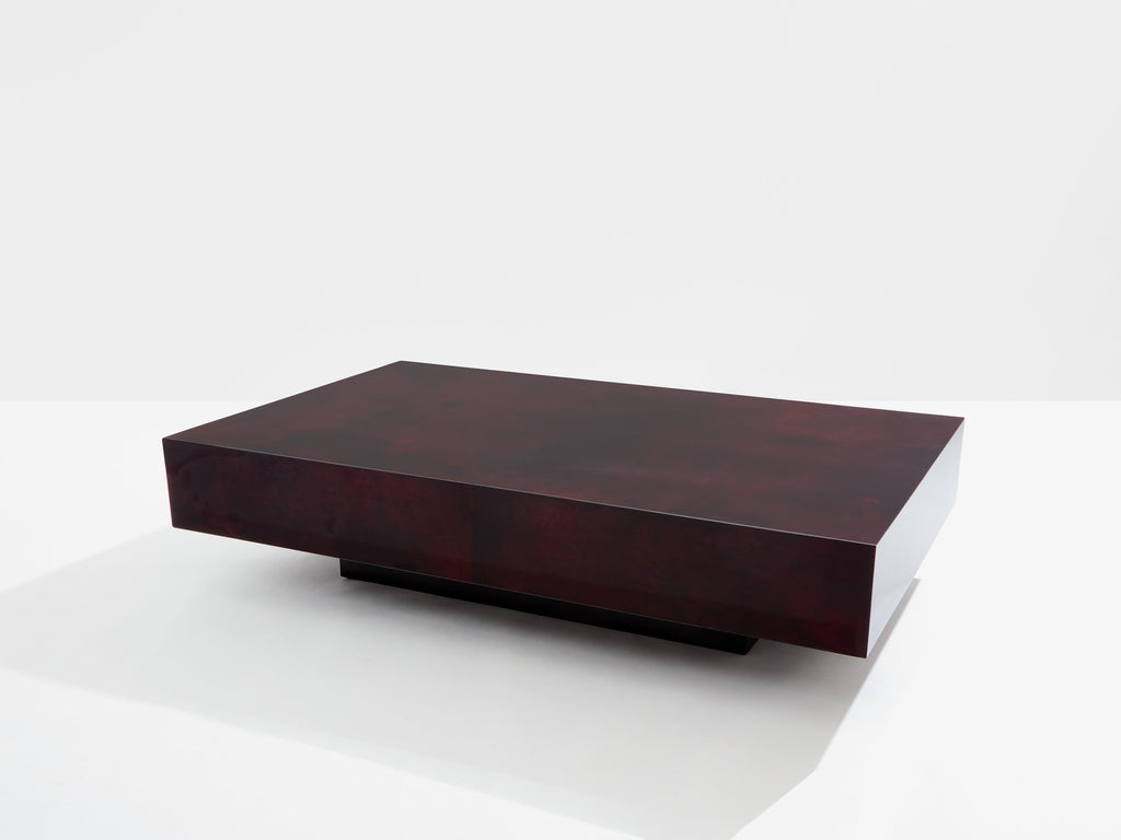 Burgundy red goatskin parchment coffee table by Aldo Tura 1960s