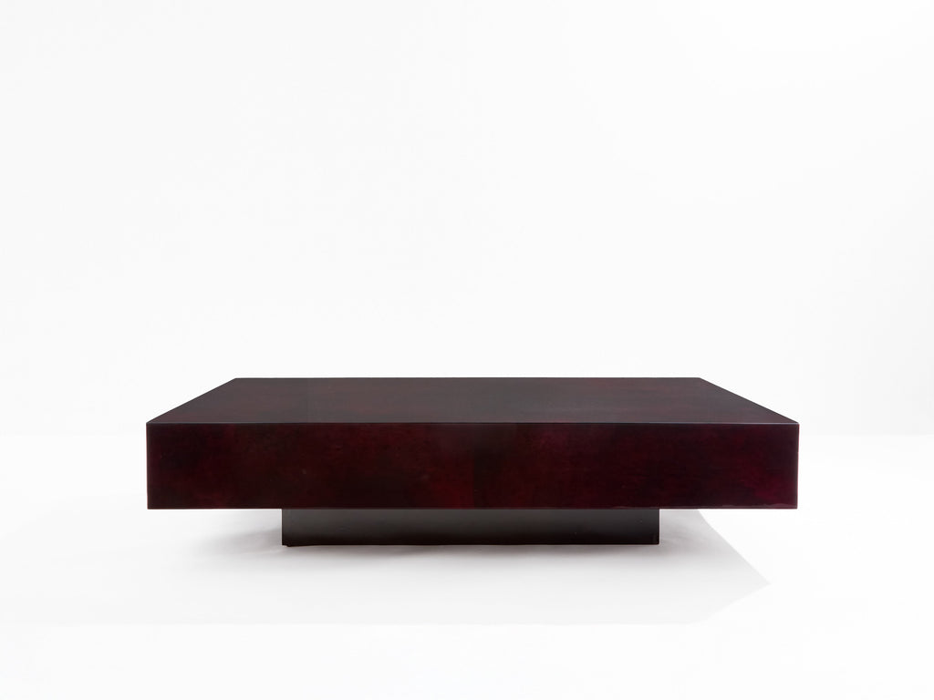 Burgundy red goatskin parchment coffee table by Aldo Tura 1960s