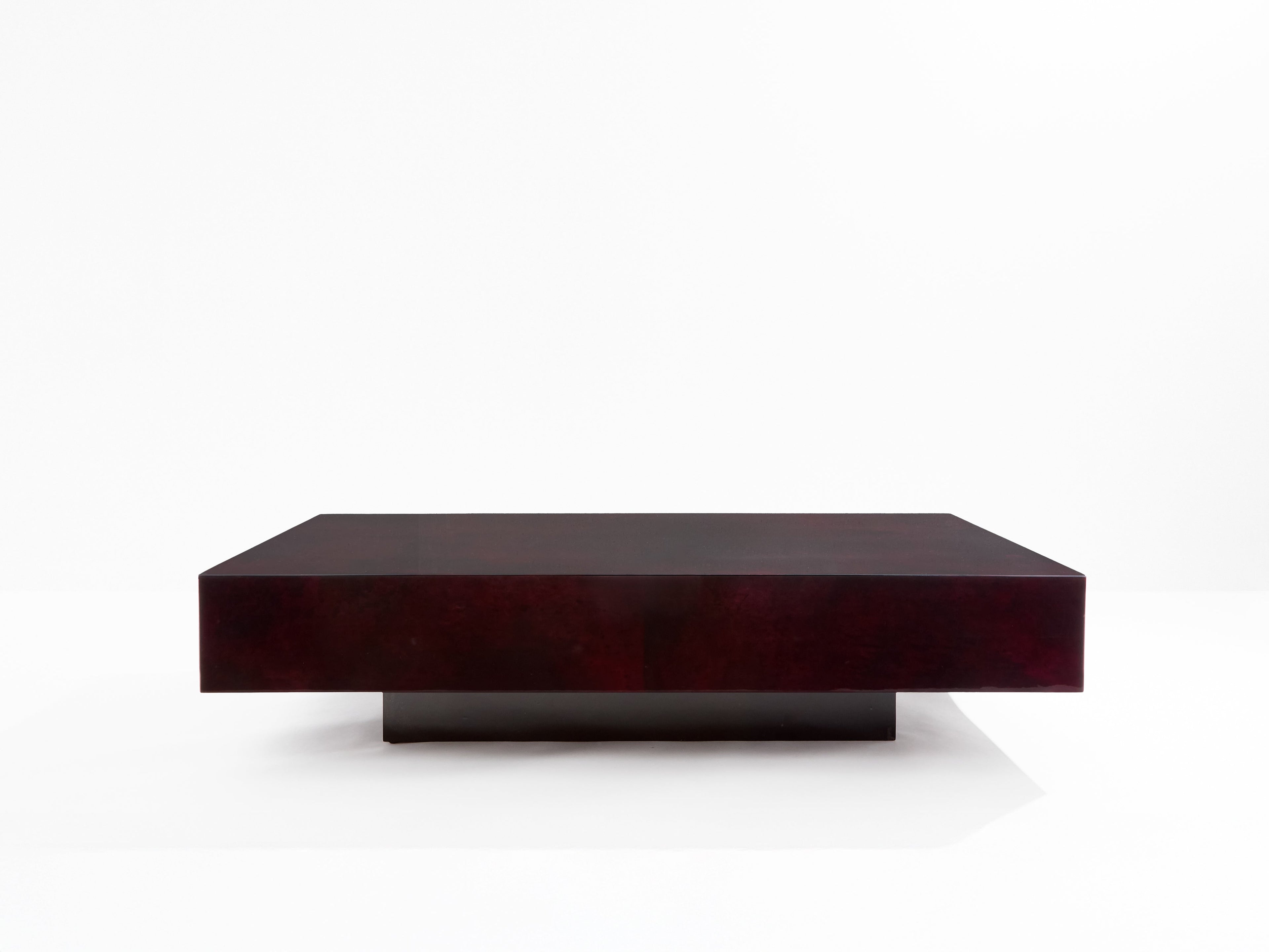 Burgundy red goatskin parchment coffee table by Aldo Tura 1960s