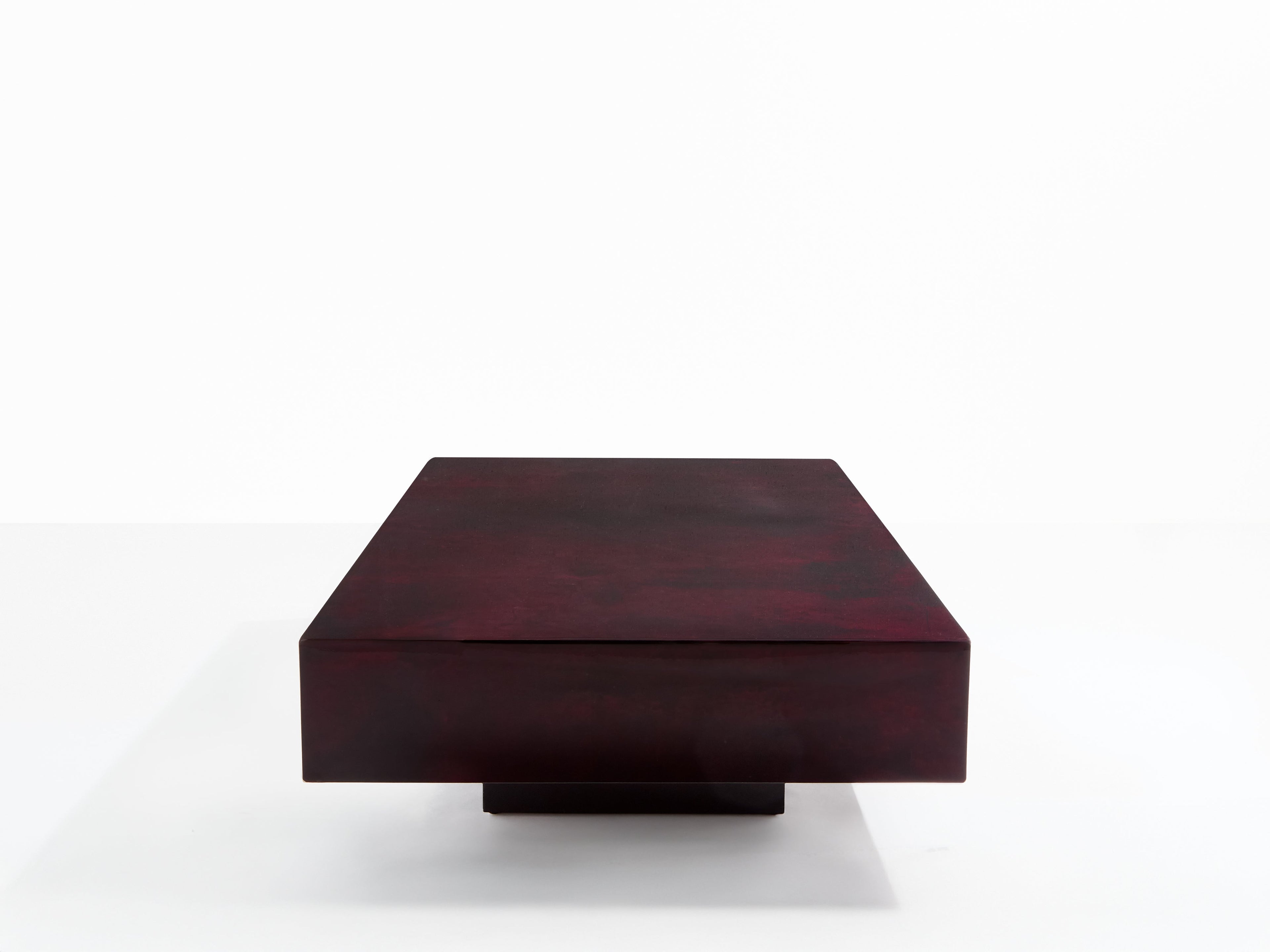 Burgundy red goatskin parchment coffee table by Aldo Tura 1960s