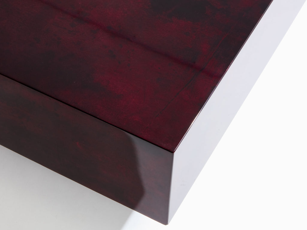 Burgundy red goatskin parchment coffee table by Aldo Tura 1960s