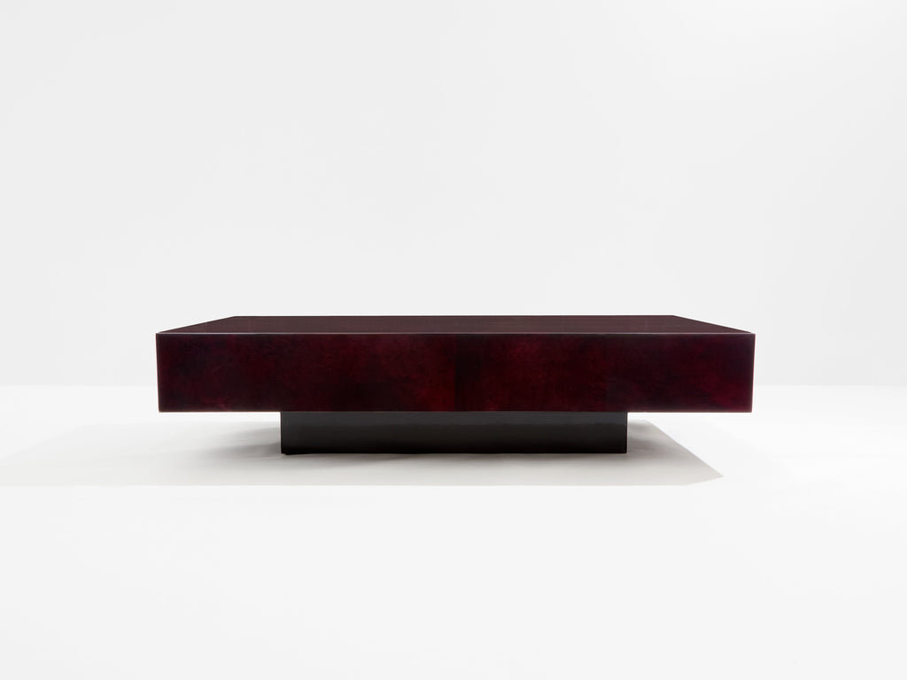 Burgundy red goatskin parchment coffee table by Aldo Tura 1960s