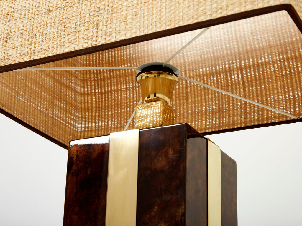 Pair of Italian Aldo Tura goatskin brass rattan table lamps 1970s