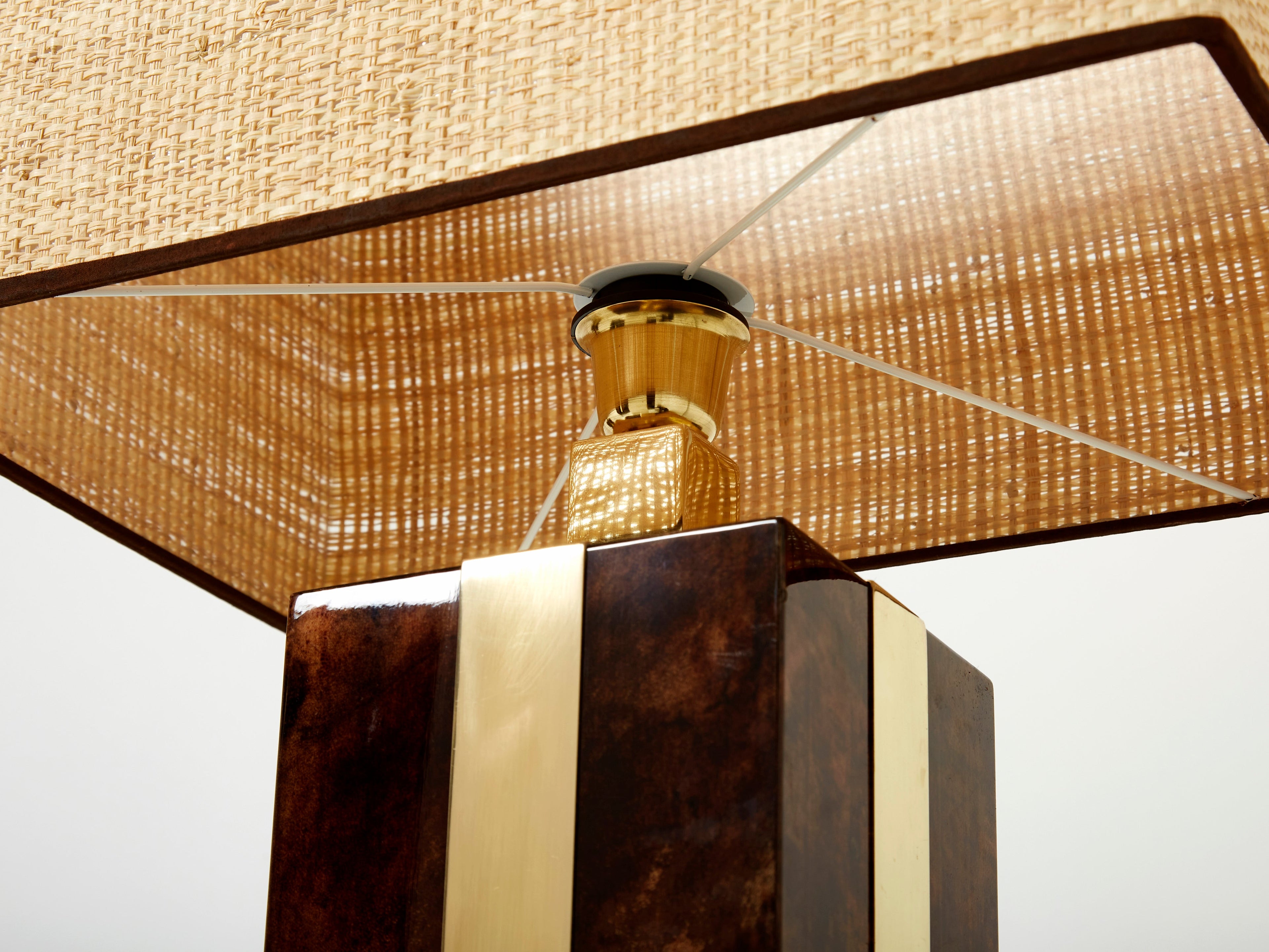 Pair of Italian Aldo Tura goatskin brass rattan table lamps 1970s