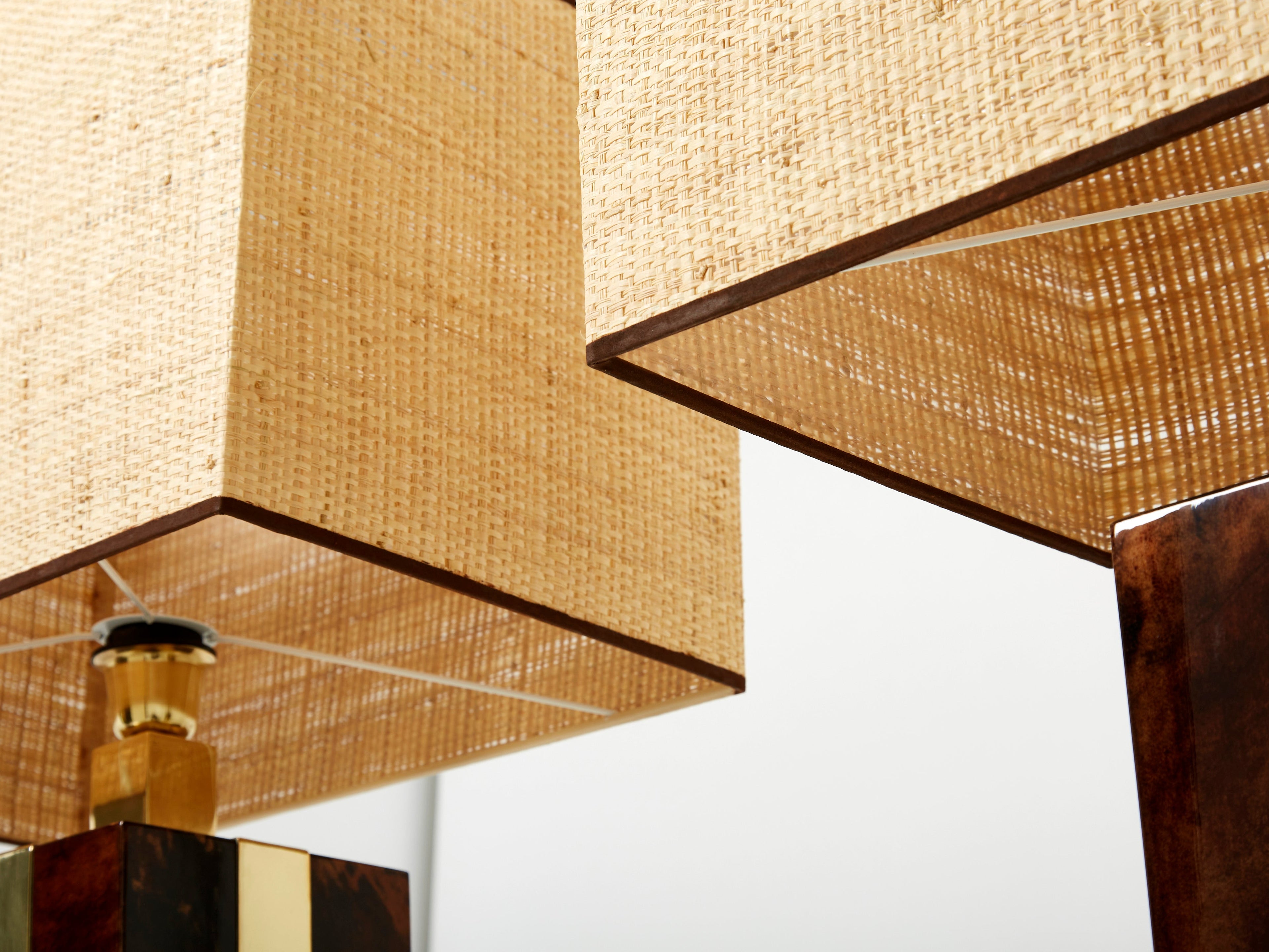 Pair of Italian Aldo Tura goatskin brass rattan table lamps 1970s