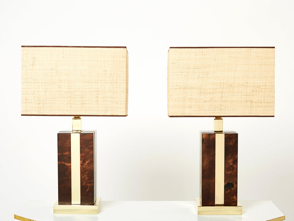 Pair of Italian Aldo Tura goatskin brass rattan table lamps 1970s