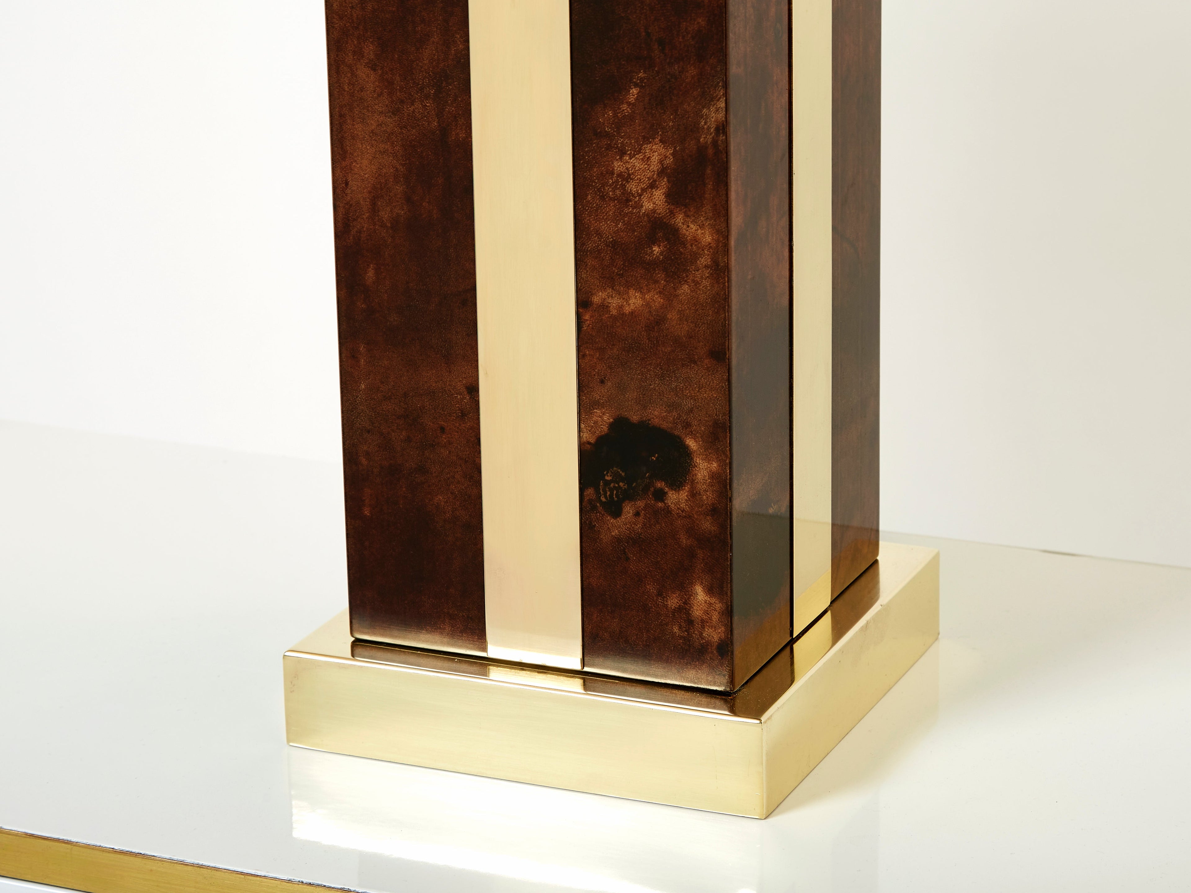 Pair of Italian Aldo Tura goatskin brass rattan table lamps 1970s