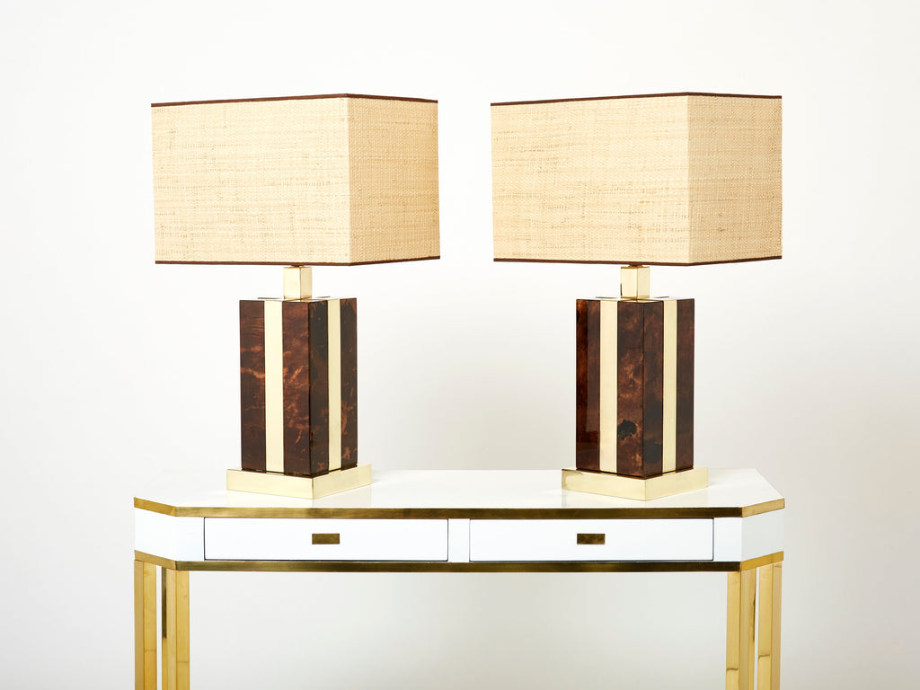 Pair of Italian Aldo Tura goatskin brass rattan table lamps 1970s