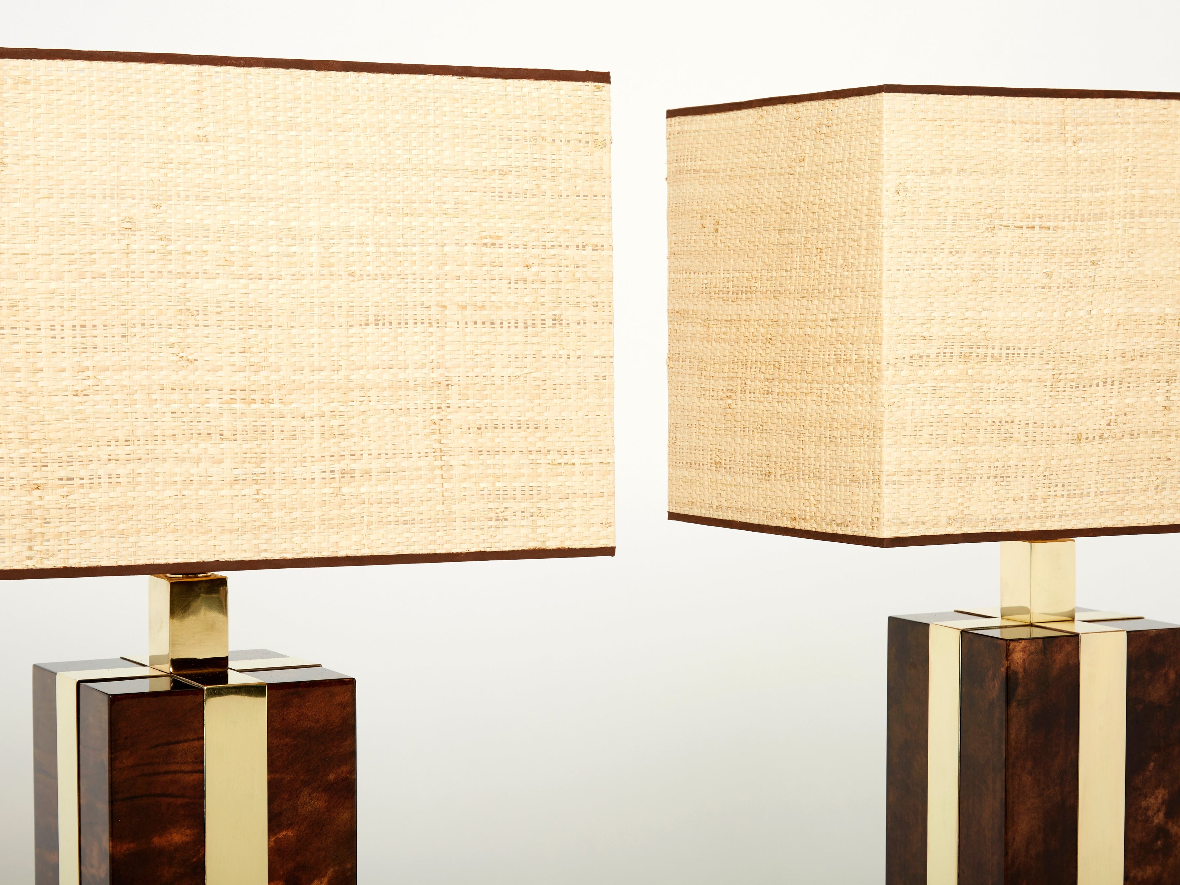 Pair of Italian Aldo Tura goatskin brass rattan table lamps 1970s