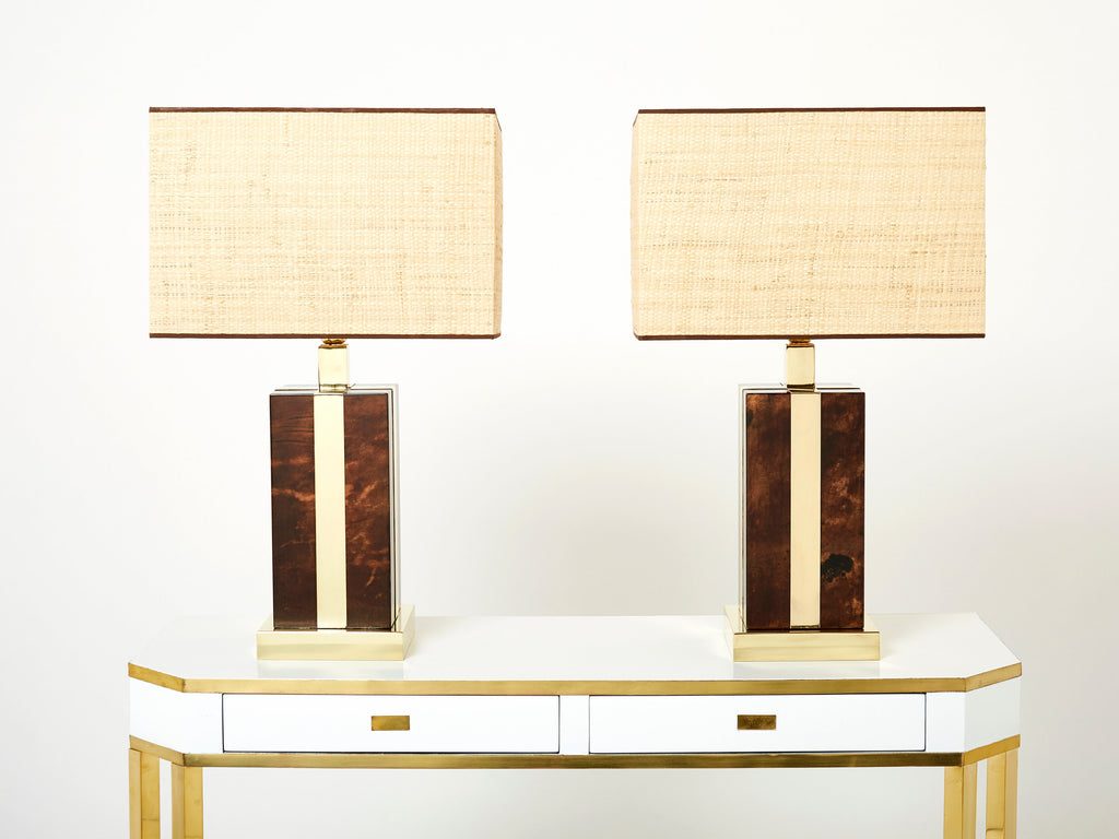 Pair of Italian Aldo Tura goatskin brass rattan table lamps 1970s