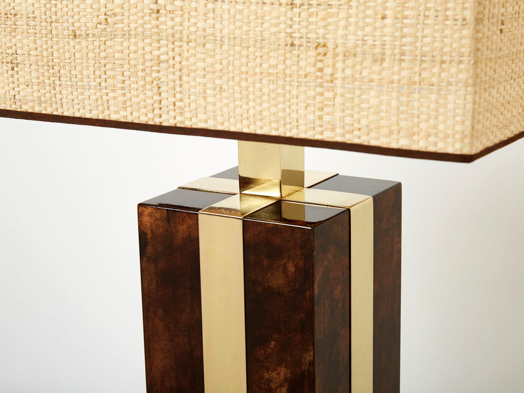 Pair of Italian Aldo Tura goatskin brass rattan table lamps 1970s