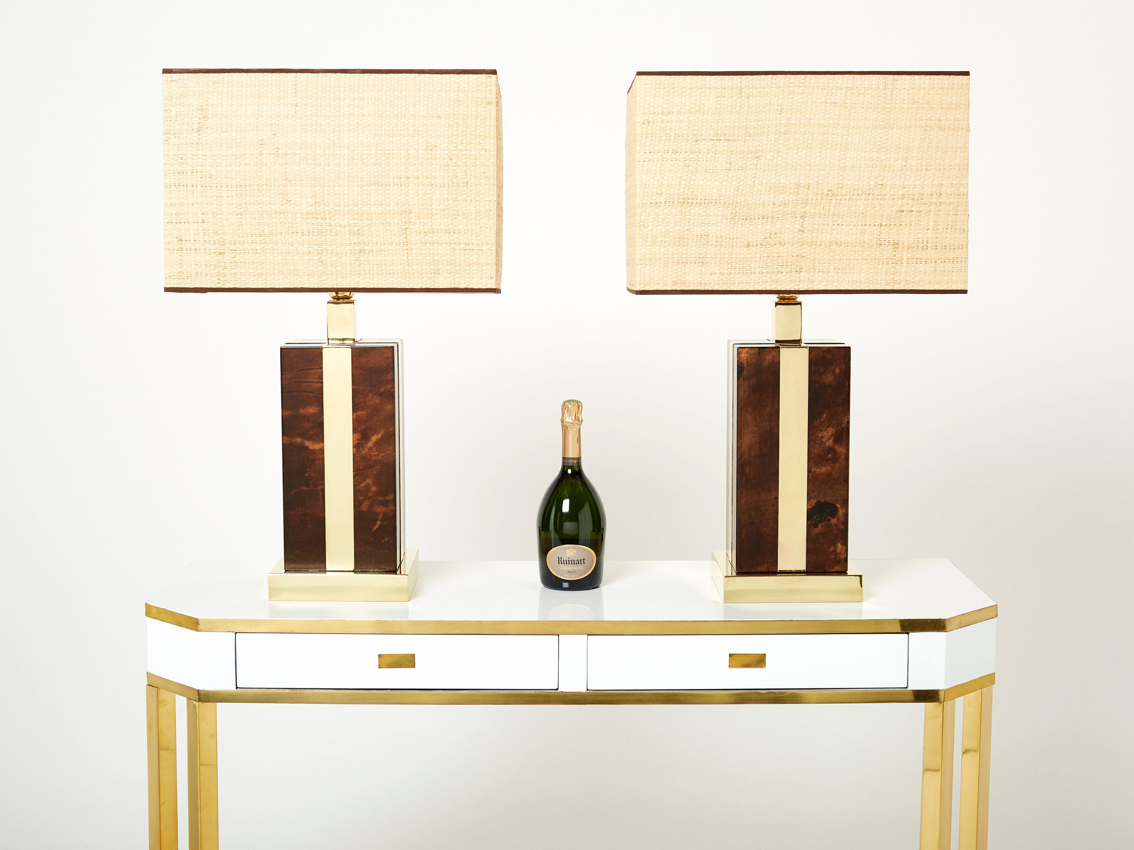 Pair of Italian Aldo Tura goatskin brass rattan table lamps 1970s
