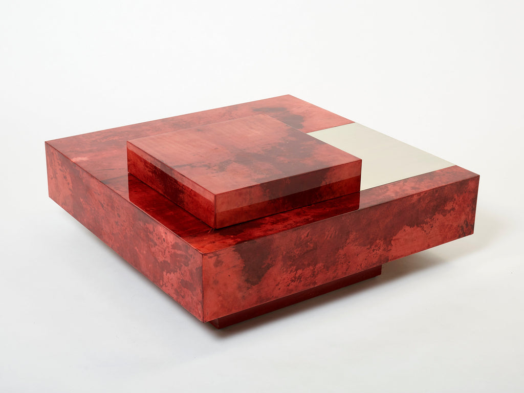 Aldo Tura red goatskin parchment steel bar coffee table 1960