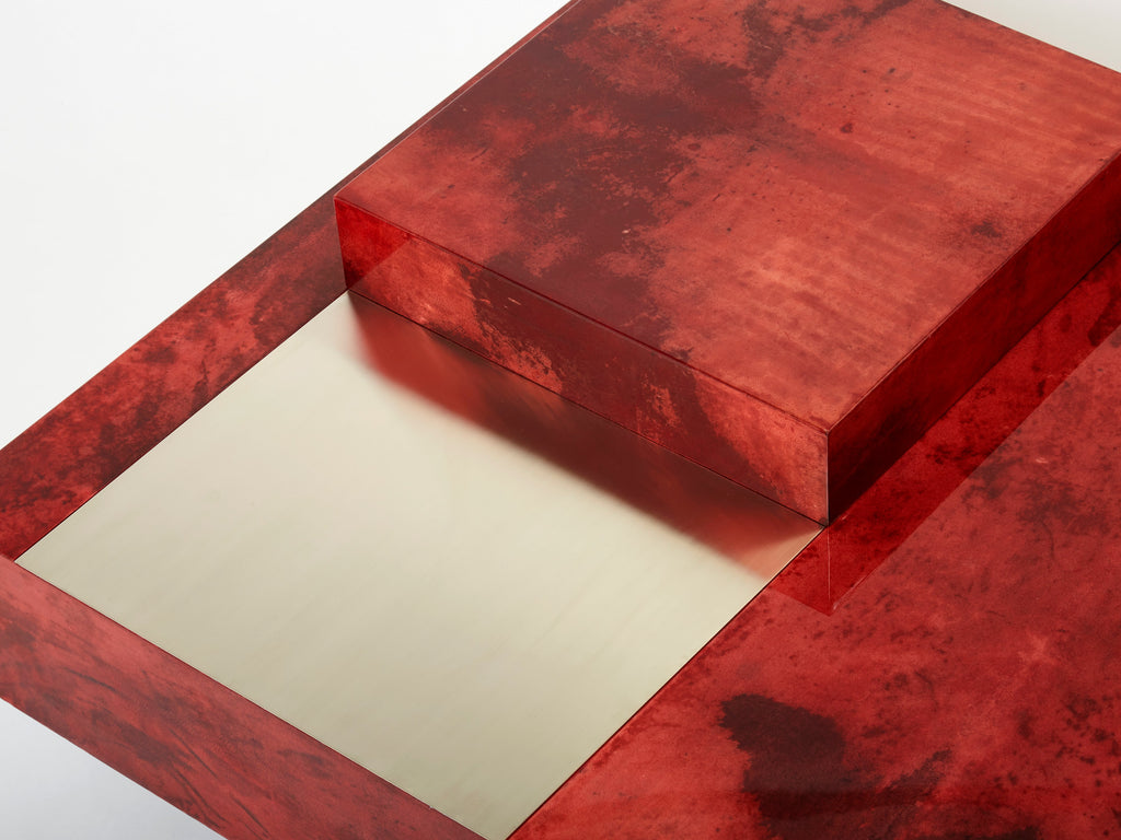Aldo Tura red goatskin parchment steel bar coffee table 1960