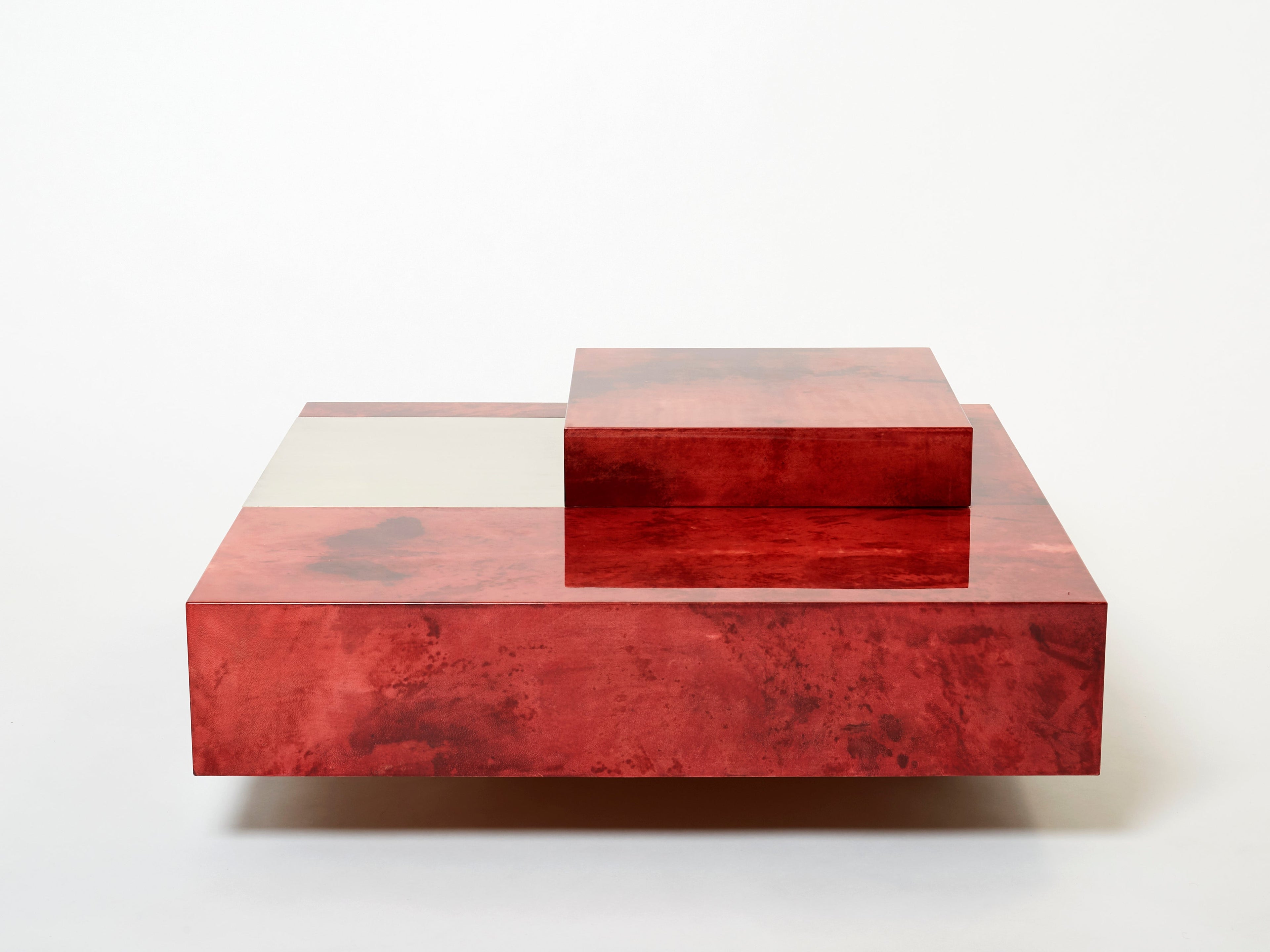 Aldo Tura red goatskin parchment steel bar coffee table 1960