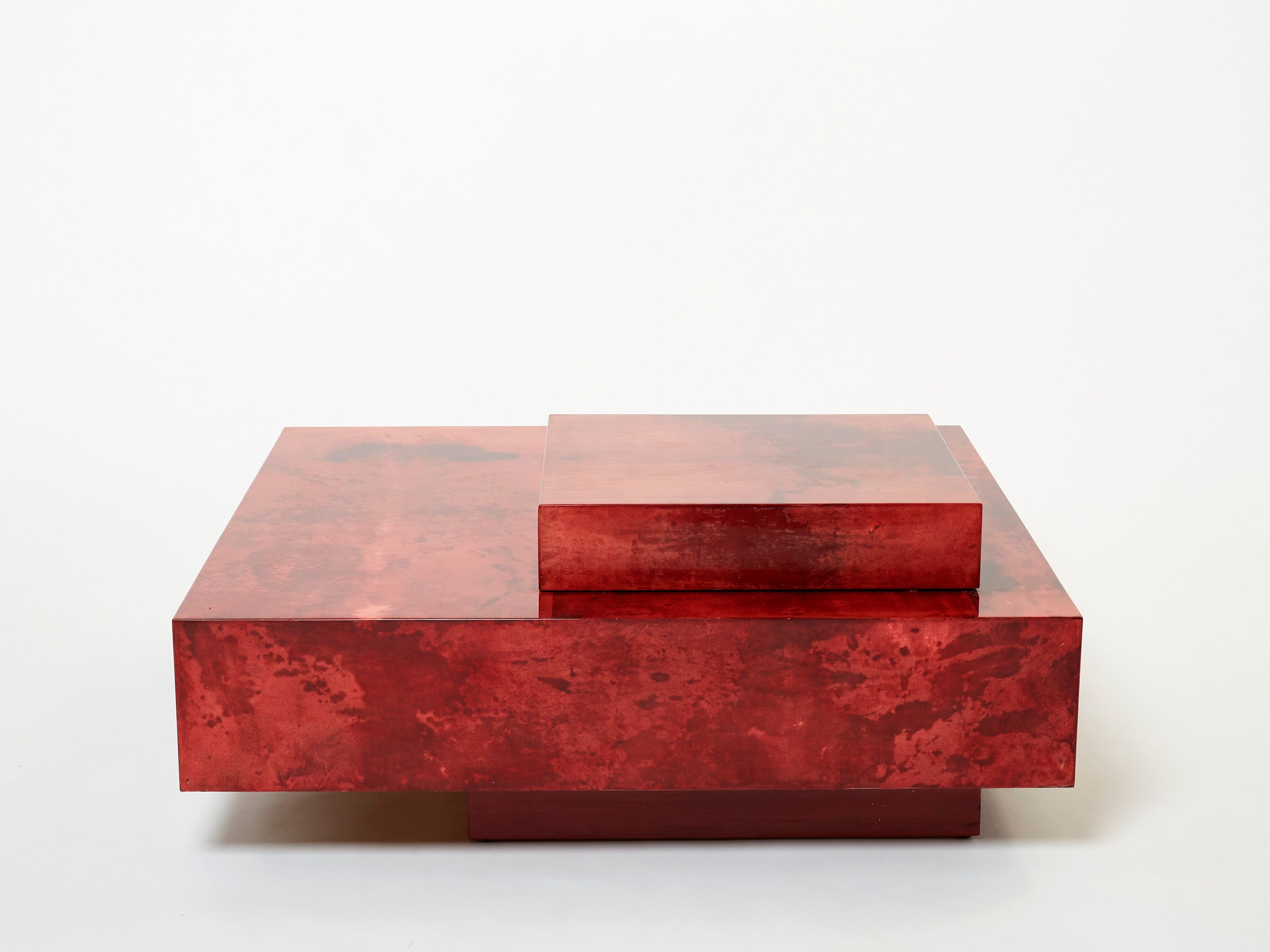 Aldo Tura red goatskin parchment steel bar coffee table 1960