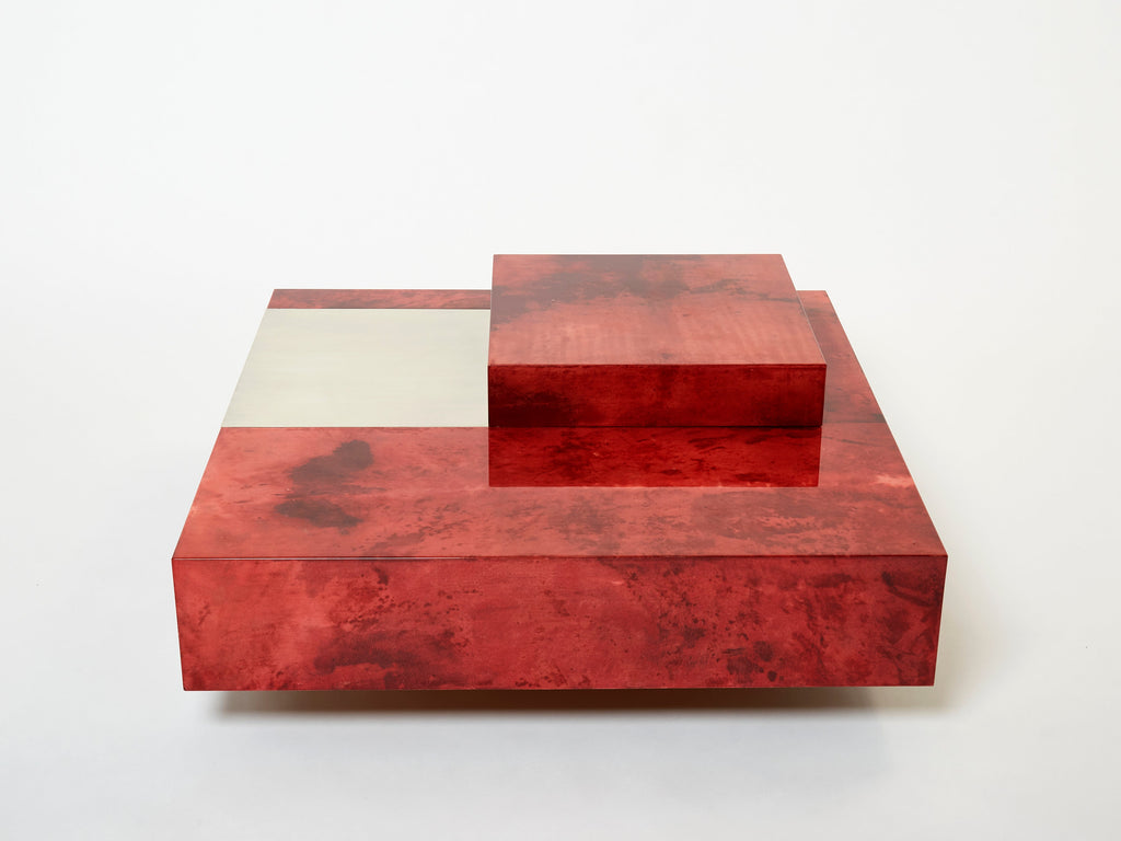 Aldo Tura red goatskin parchment steel bar coffee table 1960