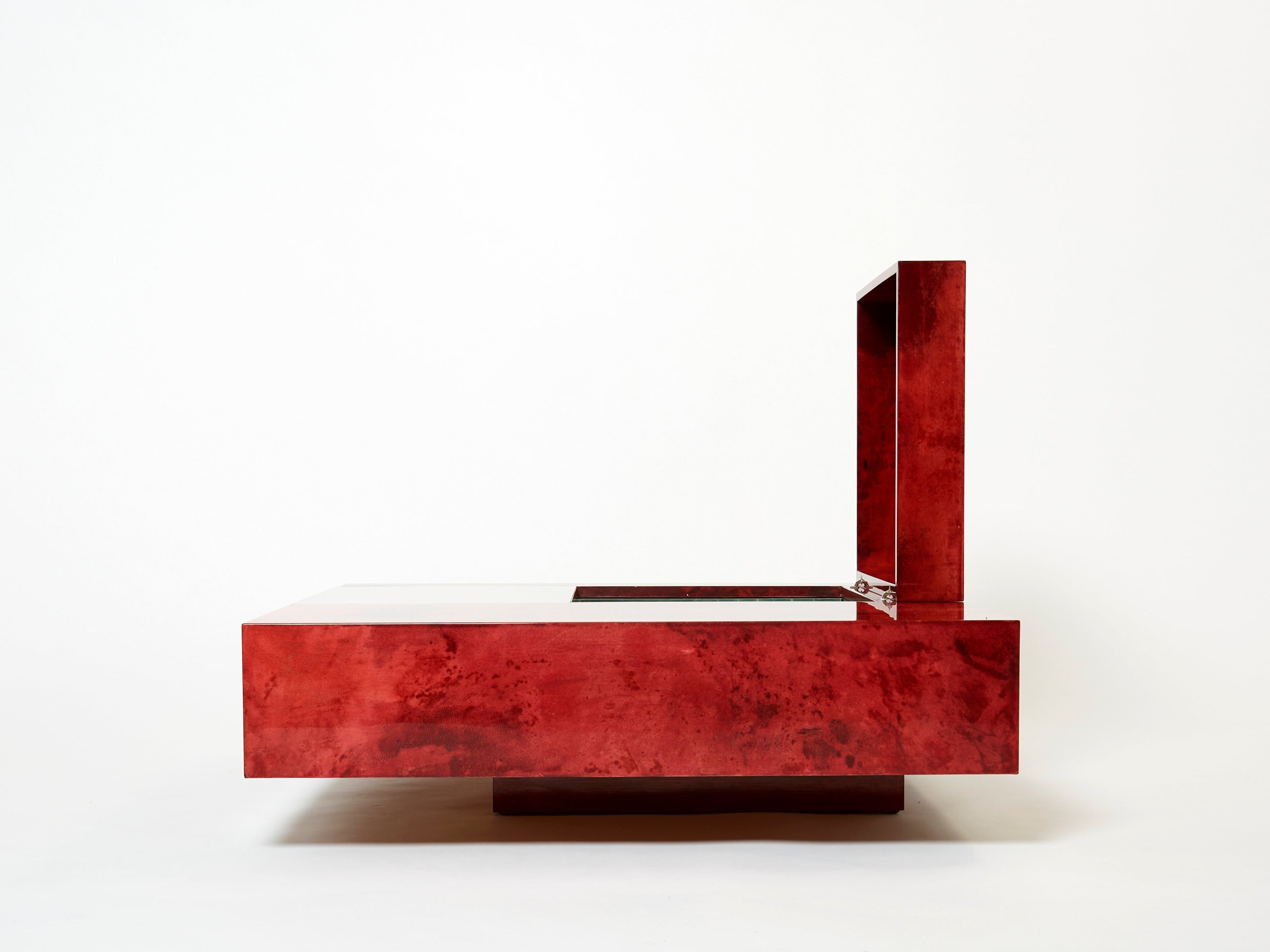 Aldo Tura red goatskin parchment steel bar coffee table 1960