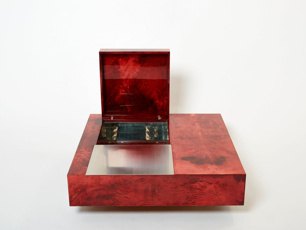 Aldo Tura red goatskin parchment steel bar coffee table 1960
