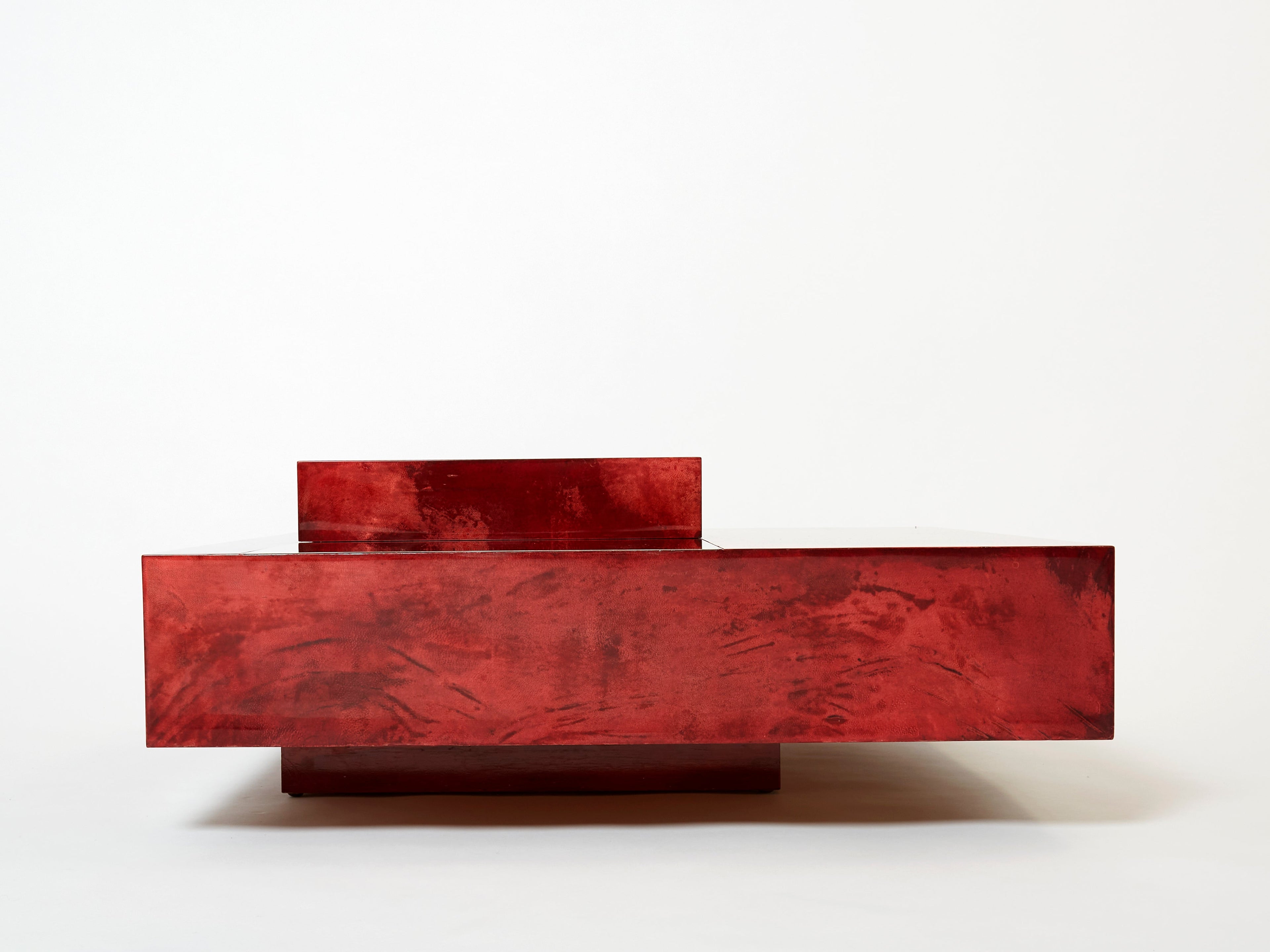 Aldo Tura red goatskin parchment steel bar coffee table 1960