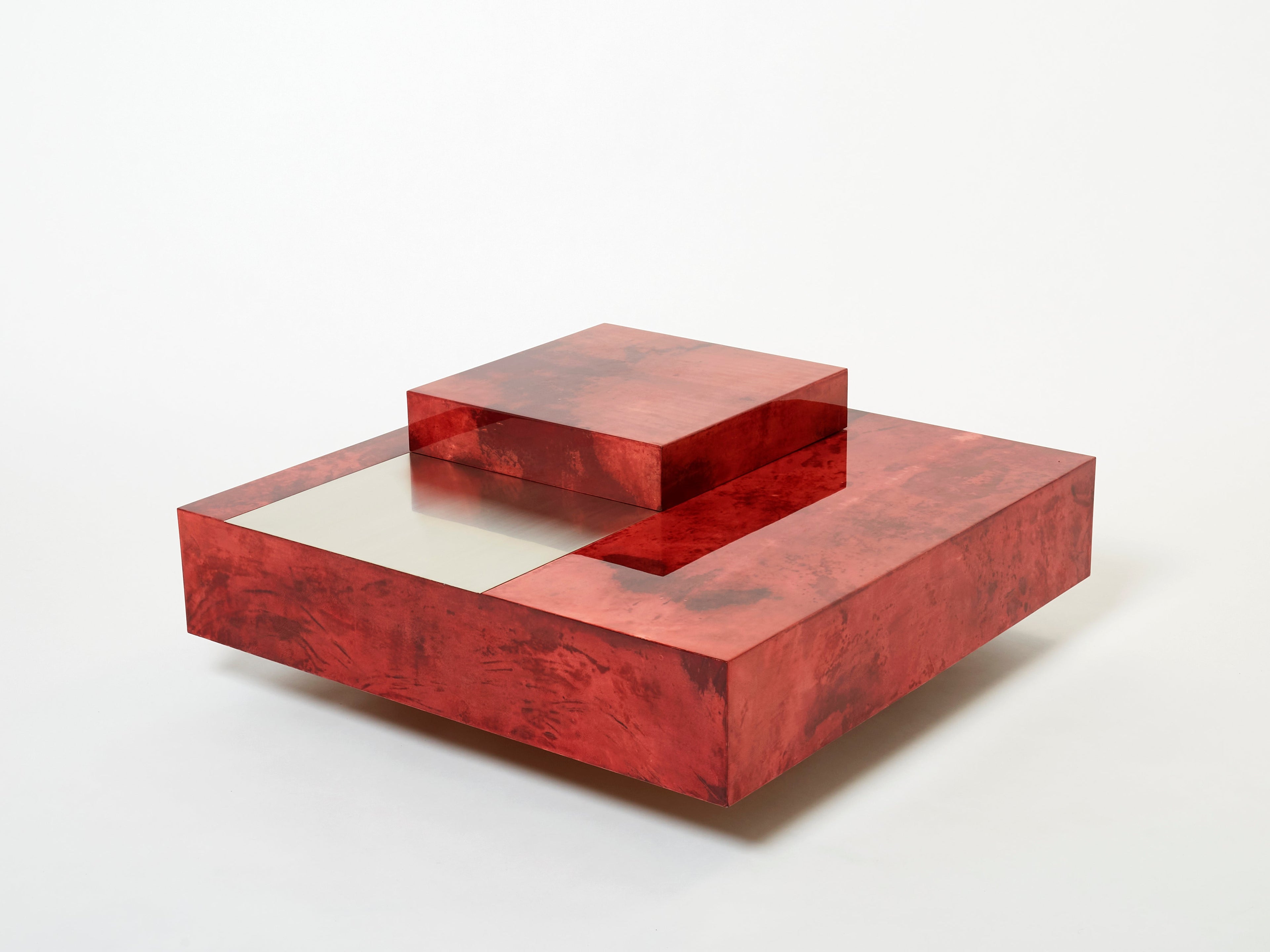 Aldo Tura red goatskin parchment steel bar coffee table 1960