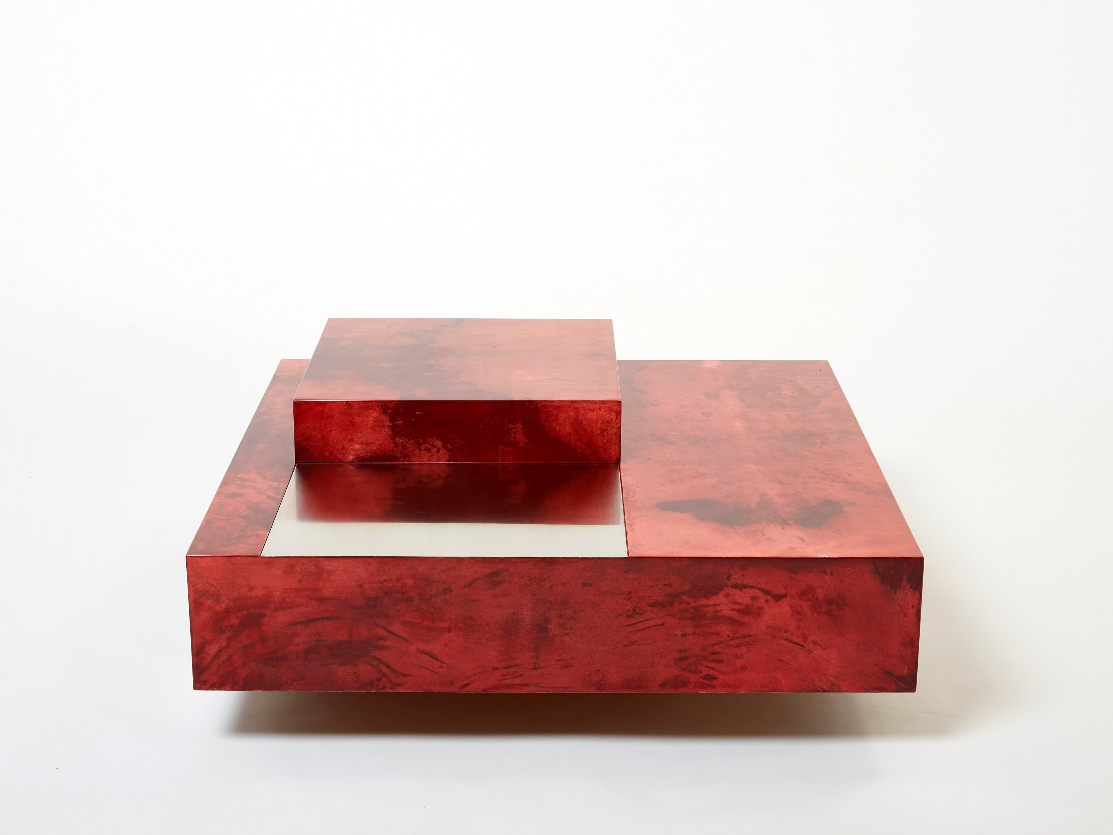 Aldo Tura red goatskin parchment steel bar coffee table 1960