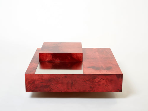 Aldo Tura red goatskin parchment steel bar coffee table 1960