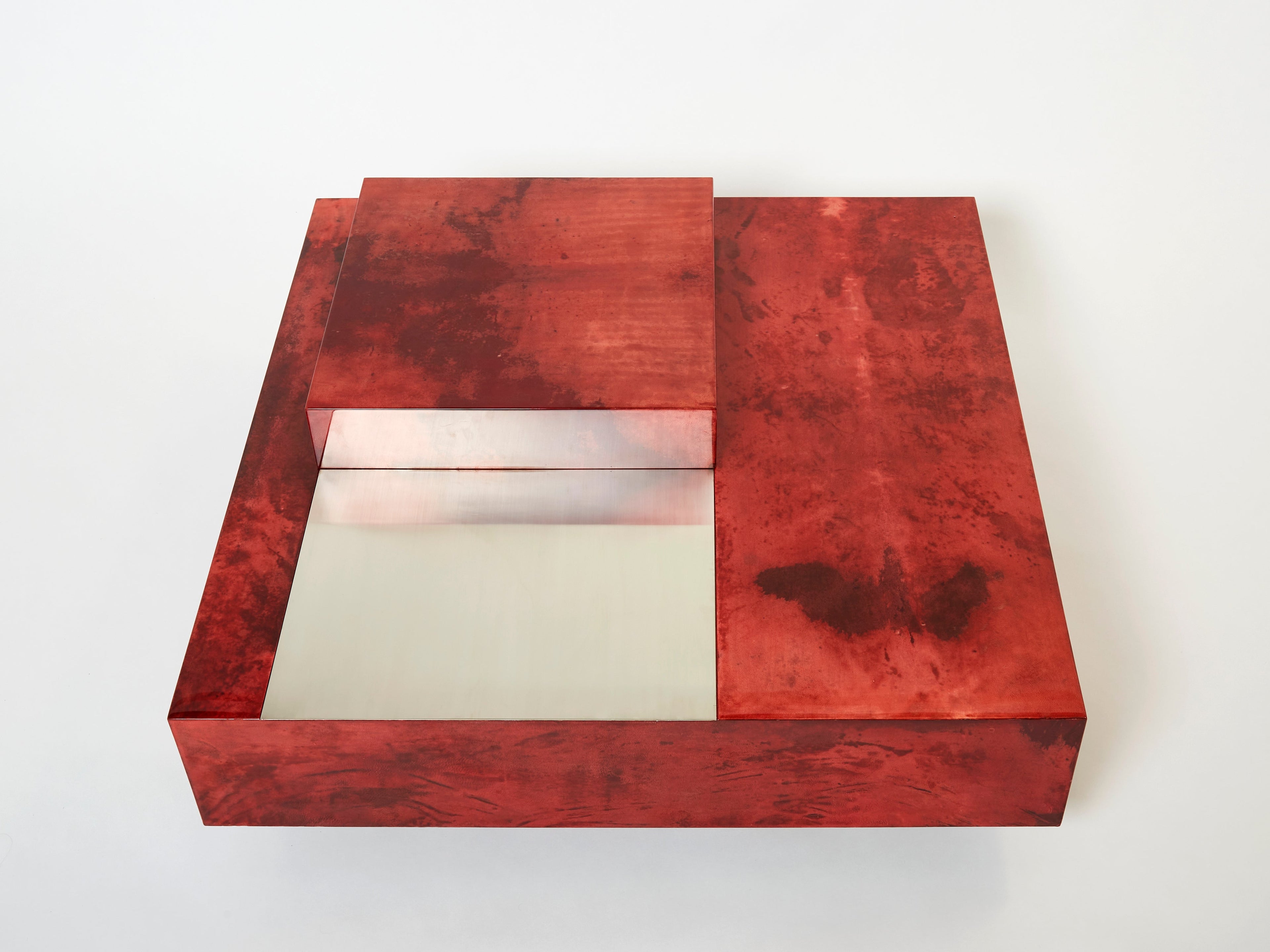 Aldo Tura red goatskin parchment steel bar coffee table 1960